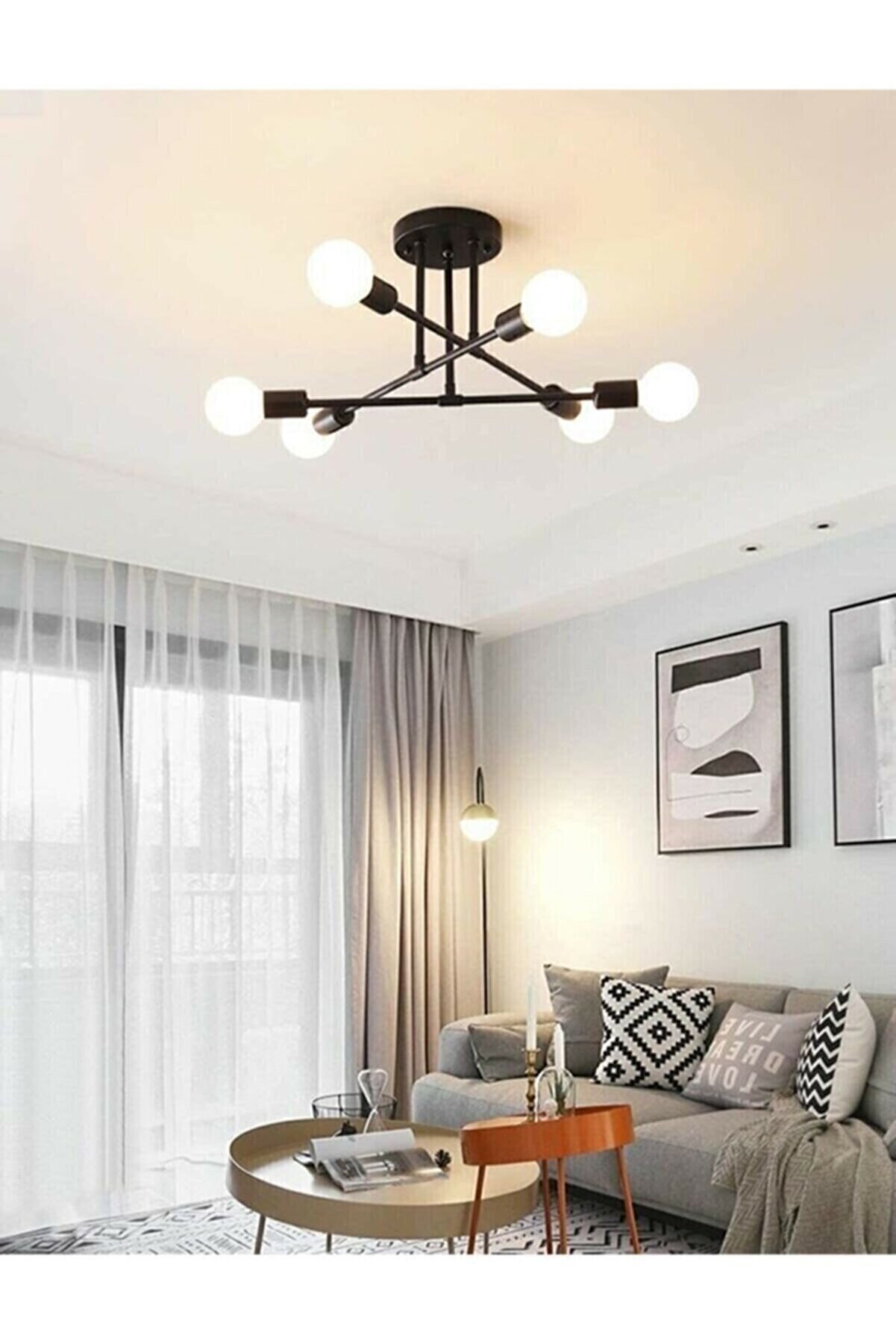 Örümcek Çapraz Modern Spor Tavan Plofonyer Siyah Salon - Mutfak - Yatak Odası 6 Lı Avize(AMPULSÜZ)