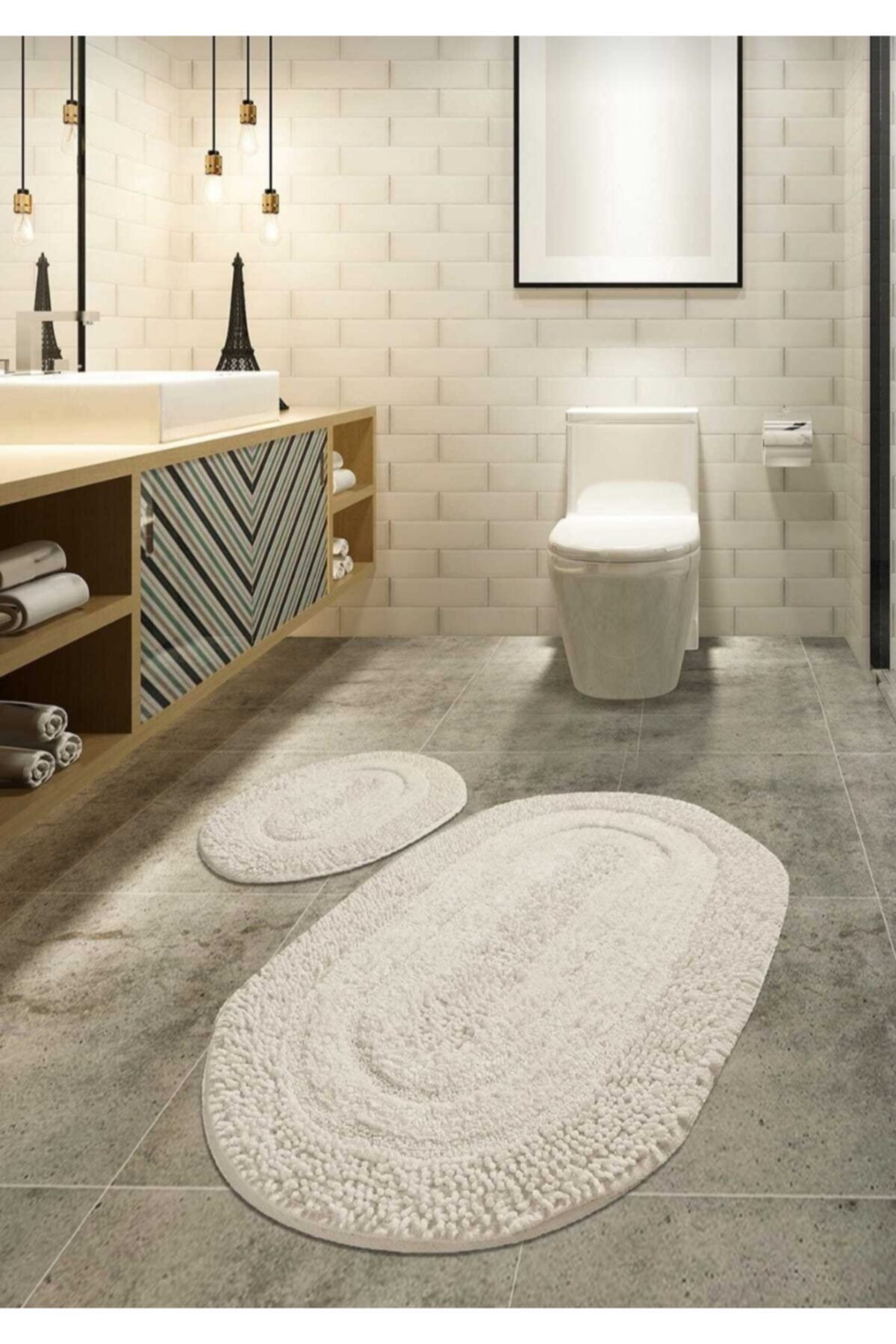 Macoroni Ekru 2'li Set Banyo Halısı, Paspası %100 Doğal Pamuklu Cotton Bpmk