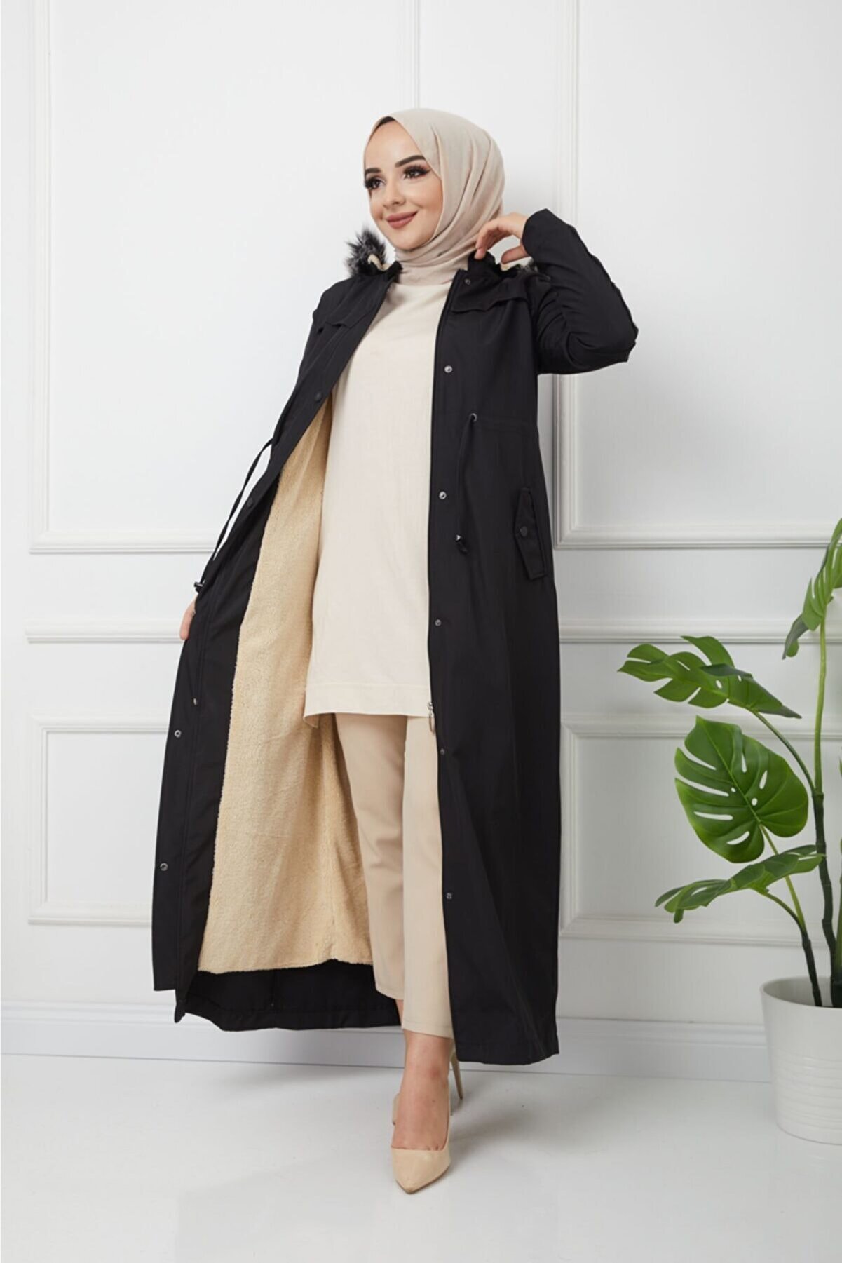 Water Prof Siyah içi Kürklü Kışlık Tam Boy Uzun Pardesü Mont Kaban