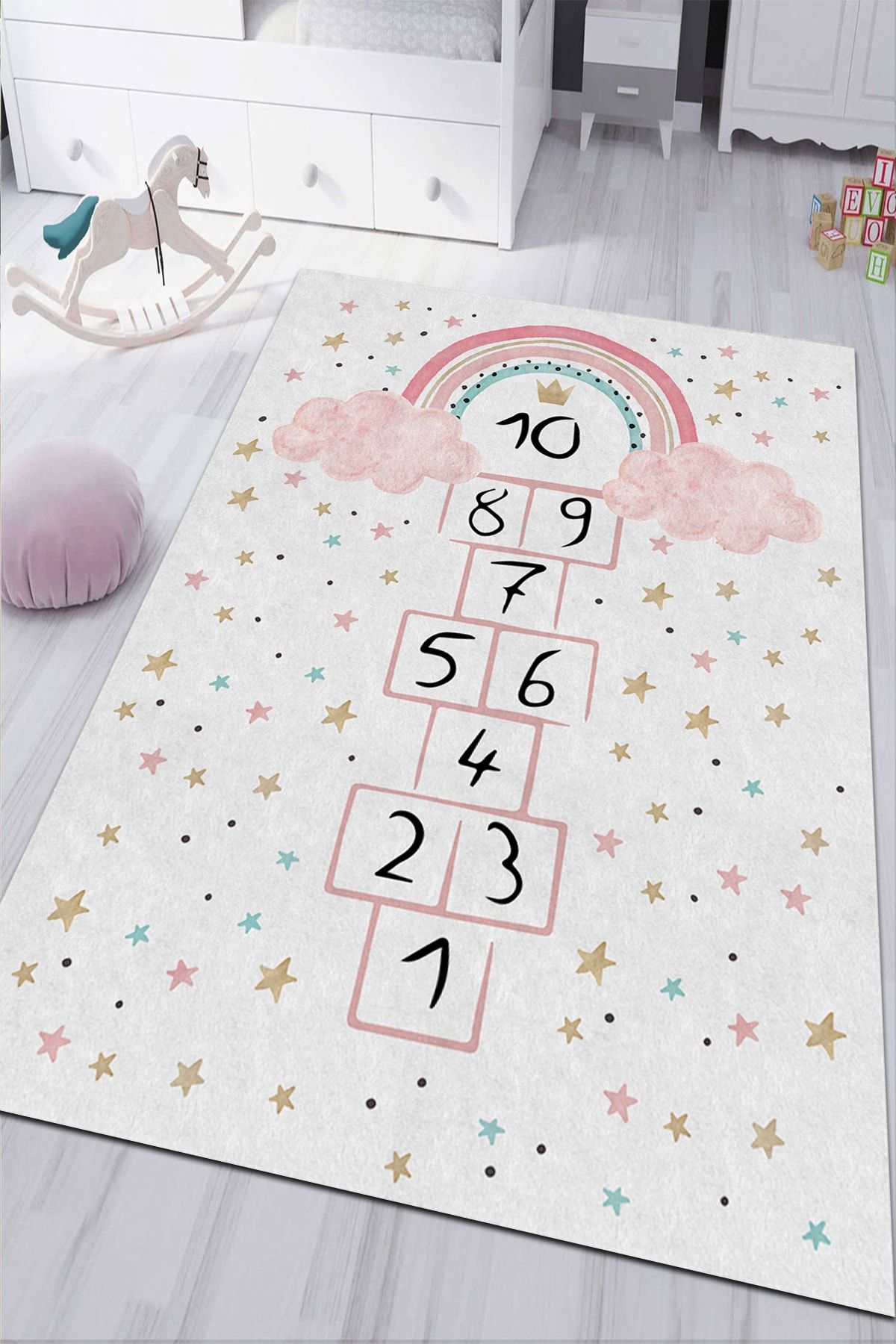 Dijital Baskı Kaymaz Taban Makinede Yıkanabilir Pembe Gökkuşağı Seksek Desenli Çocuk Odası Halısı-4