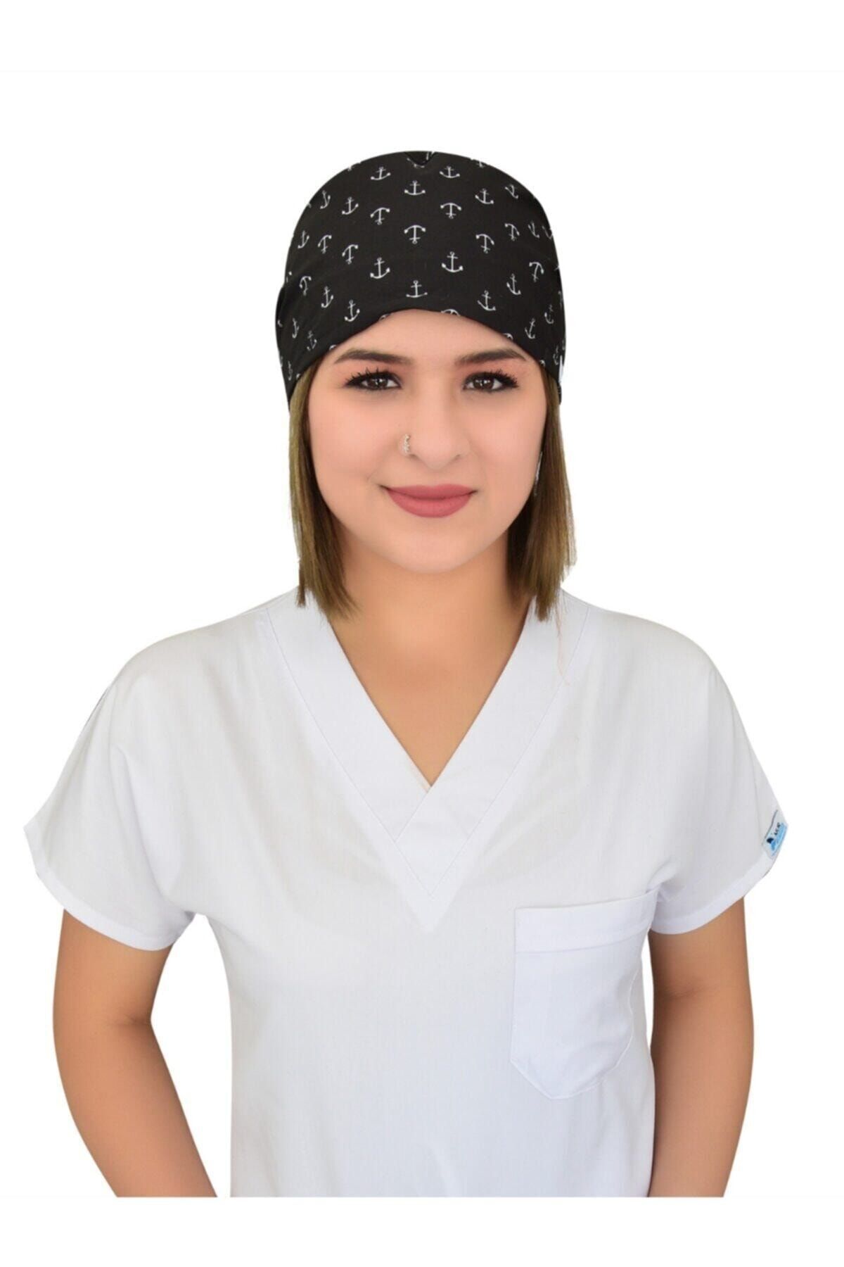 Unisex Siyah Çapa Desenli Doktor Hemşire Aşçı Bonesi