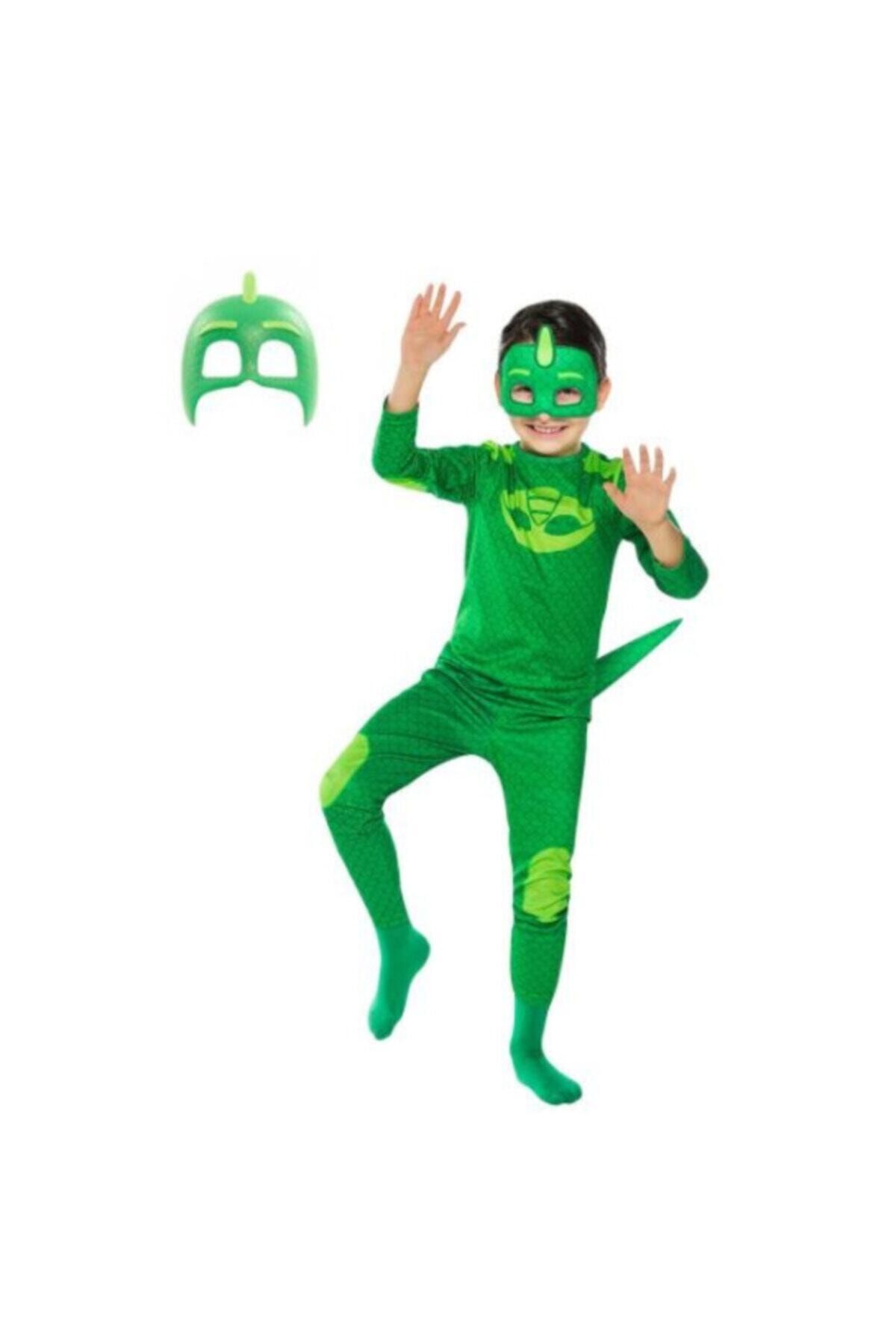 Pijamaskeliler Kertenkele Çocuk Kostüm - Tulum + 2 Adet Maske Set -gekko Owlette Catboy