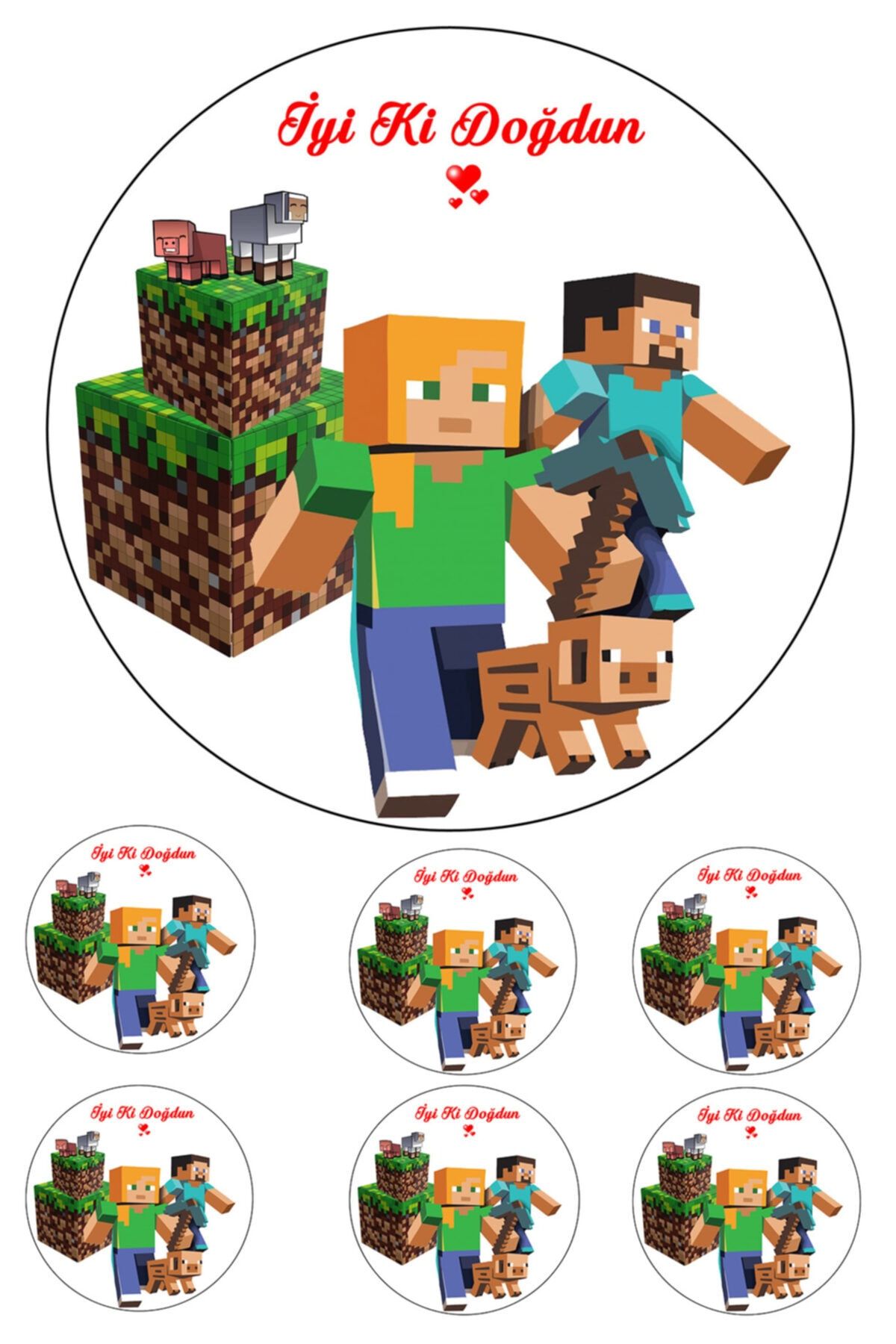 Yenilebilir Pasta Resmi Minecraft Pirinç Kağıdından 6-8-10 Kişilik Pastaya Uygun 16 Cm