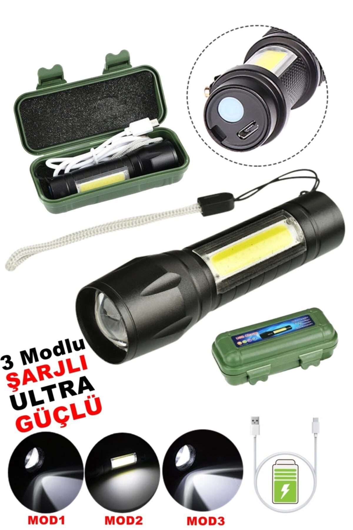 Tak-03 Ultra Güçlü 2500 Lumens + 5w Cob Led Usb Şarjlı El Feneri Kutulu Kamp Feneri Avcılık Feneri