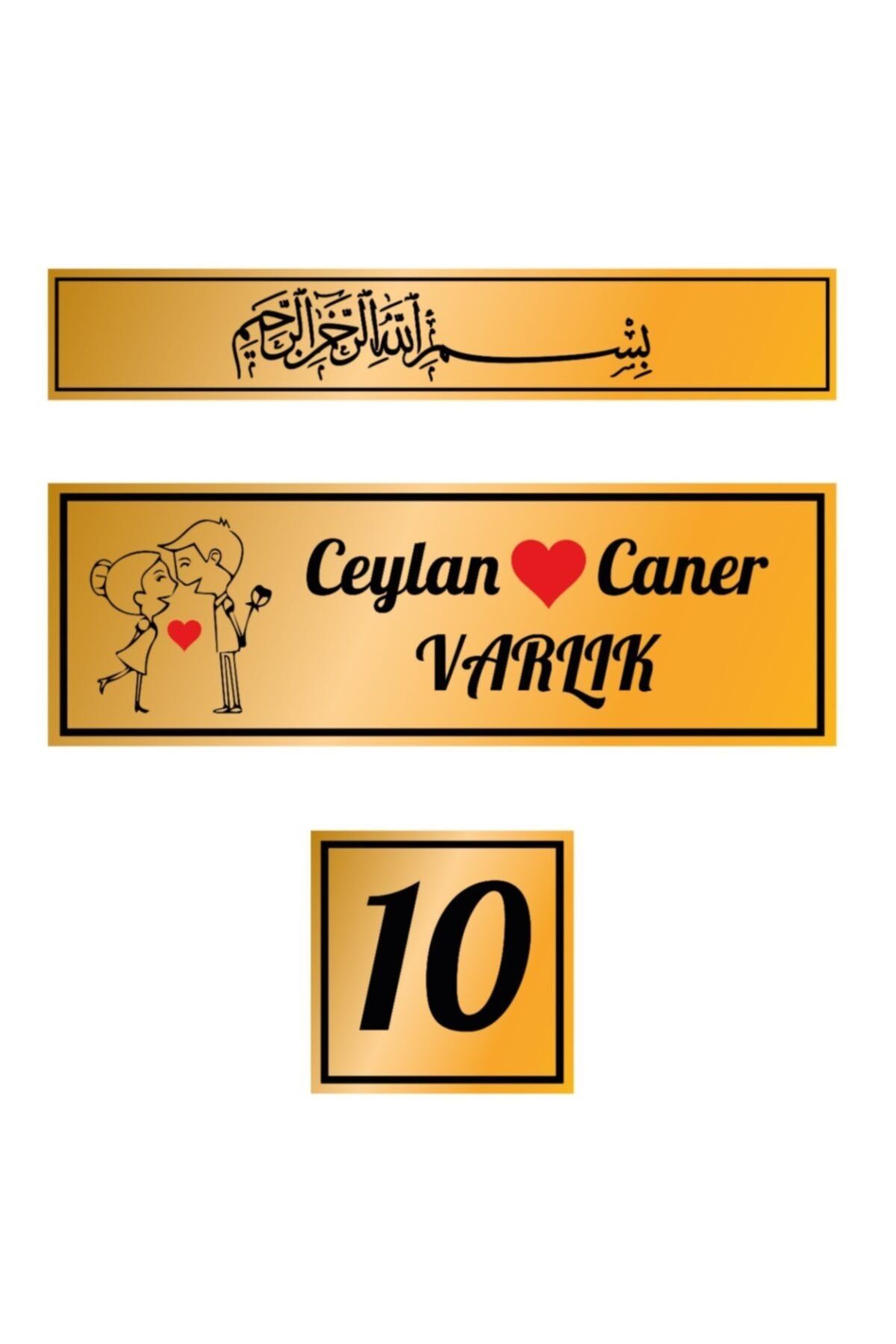 Metal 3'lü Set Kapı Isimliği, Besmele, Kapı Numarası Emojili Gold