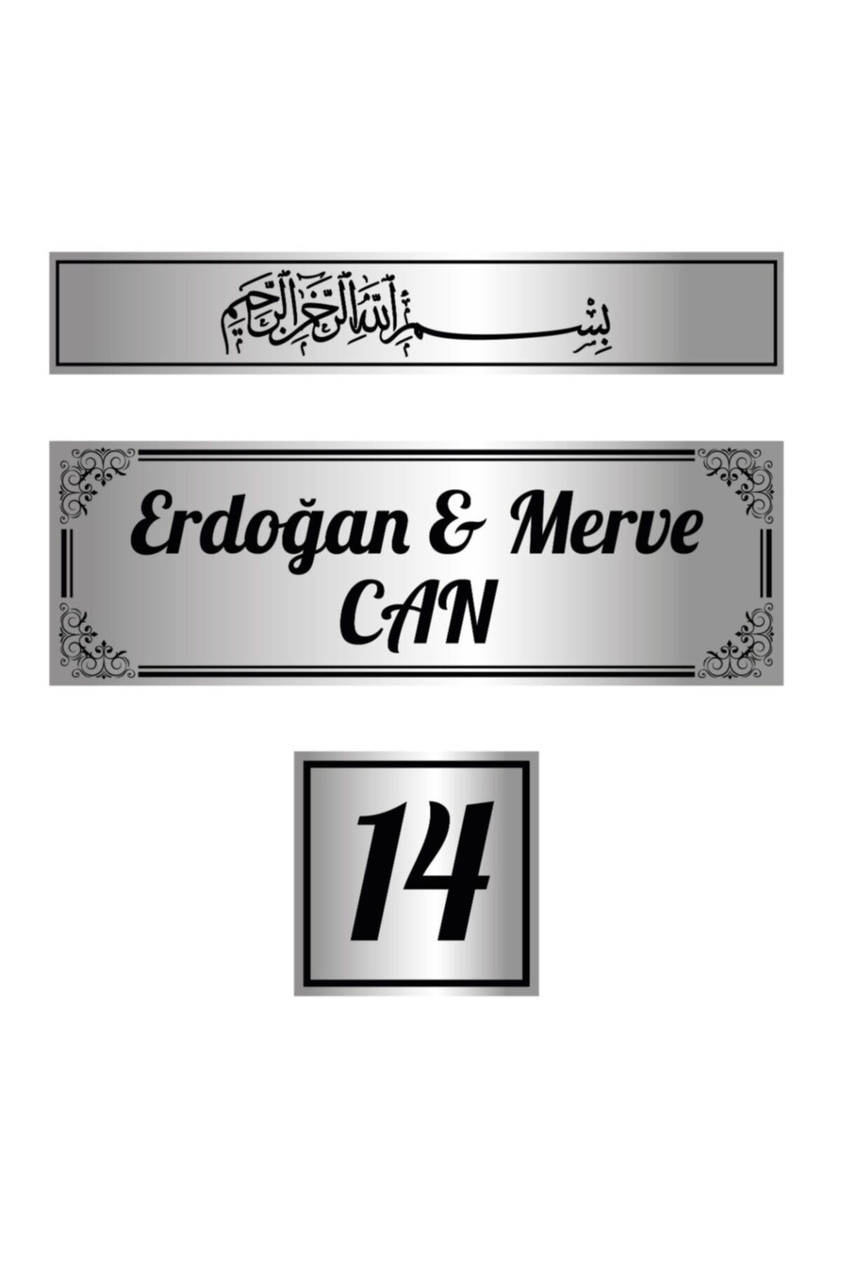 Metal 3'lü Set Kapı Isimliği, Besmele, Kapı Numarası Gümüş Kapı Isimlik