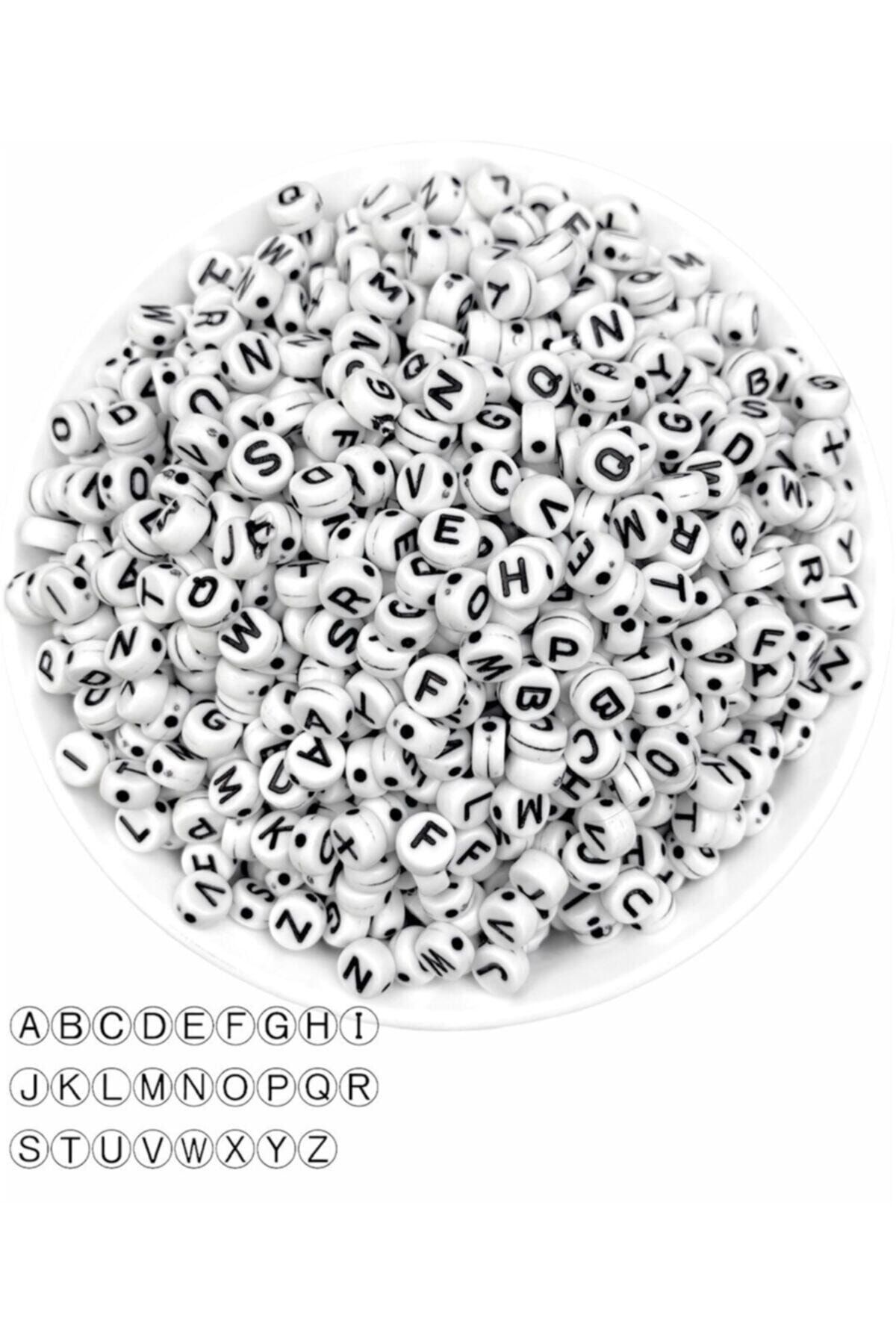 50gr Harf Boncuk,4x7mm Yassı Beyaz Üzeri Siyah Harf Boncuk  ( 50gr,~375 Adet)