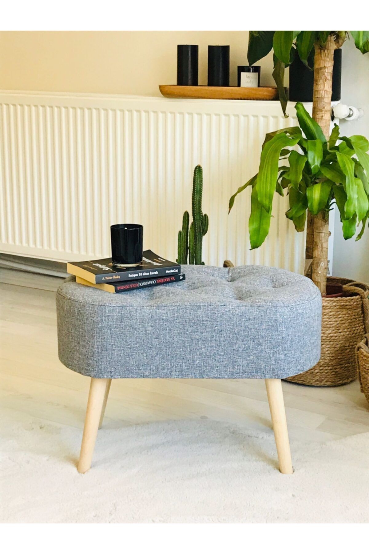 Gürgen Ahşap Ayak Gri Kumaş Oval Puf Bench Sandalye