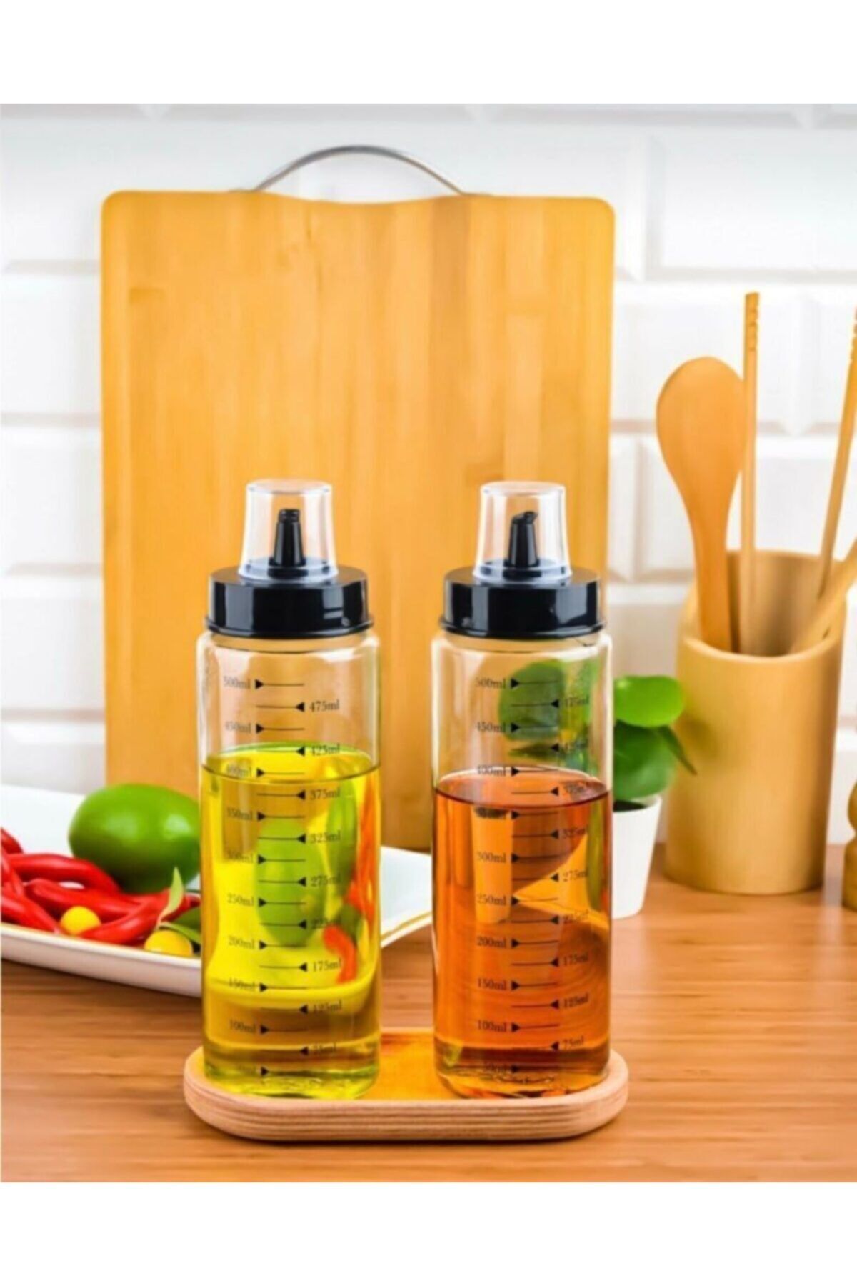 Ahşap Stantlı 2`li 500 ml Damlatmaz Akıllı Cam Yağlık Sirkelik Seti