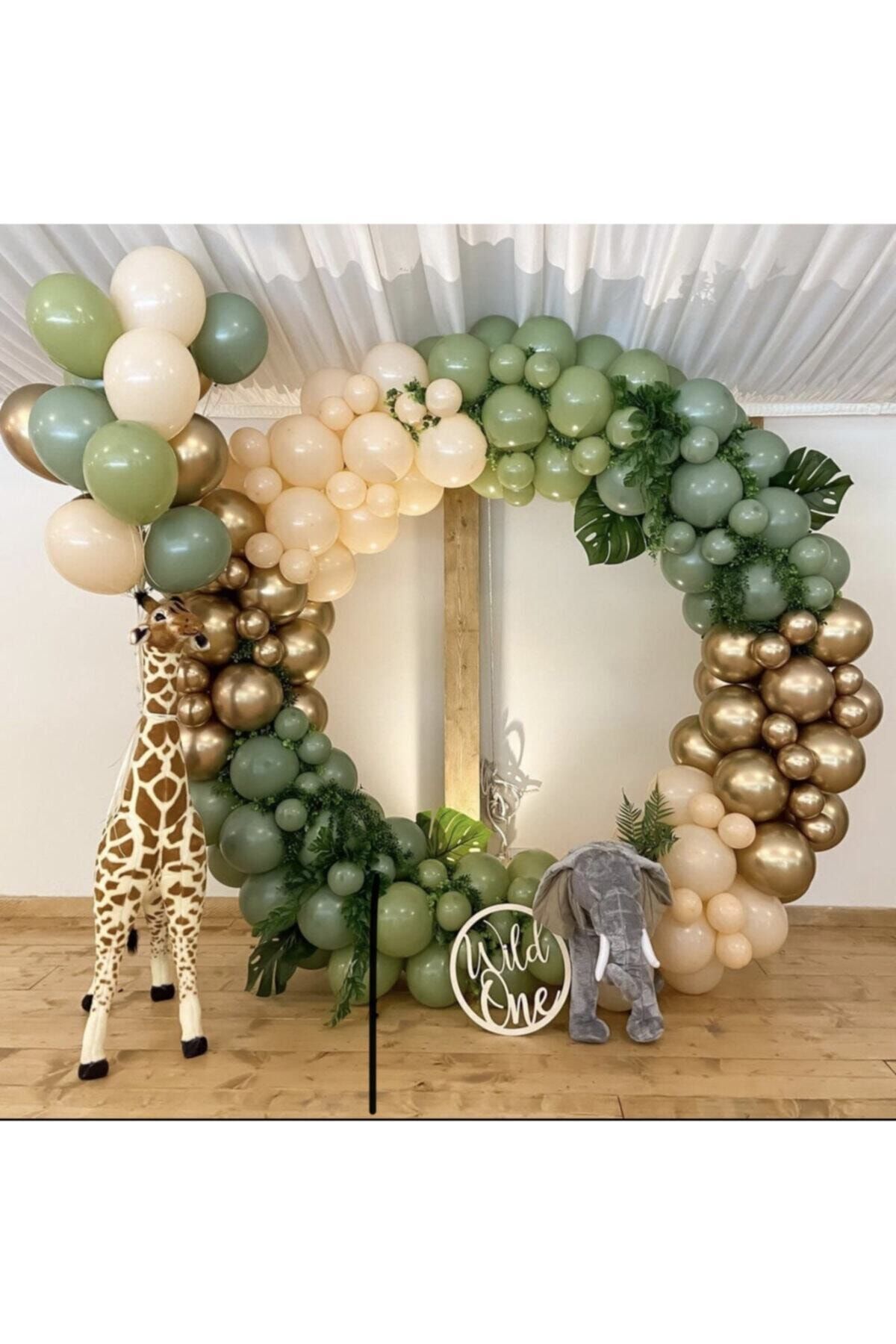 Krom Gold Pastel Kış Yeşili Okaliptus Ve Sütlü Kahve Balon Zinciri 100 Adet