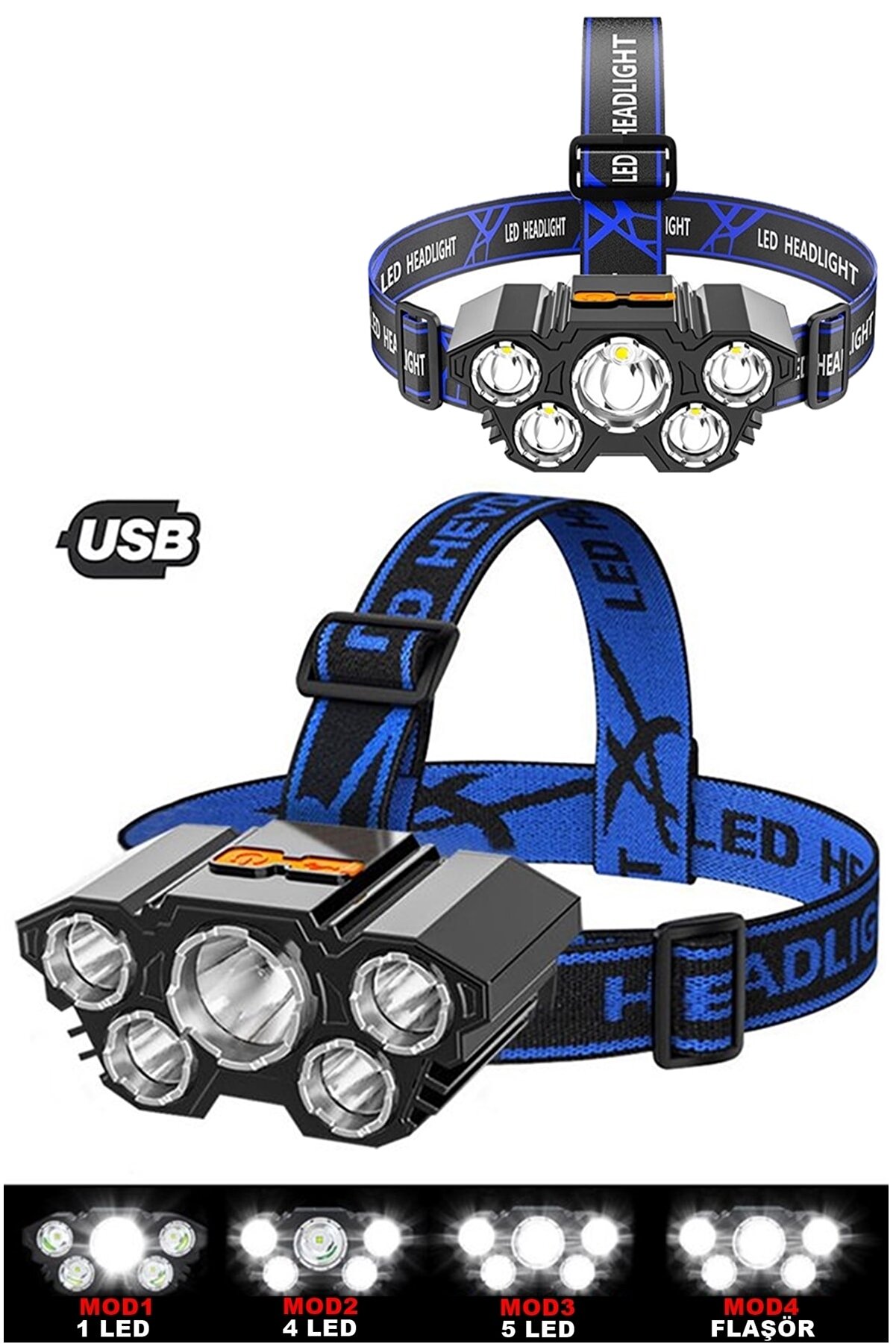 150w Led Rc-21 Şarjlı 5 Led 5x T6 Cree Led 36000 Lümen Profosyonel Kafa Feneri Lambası 4 Modlu