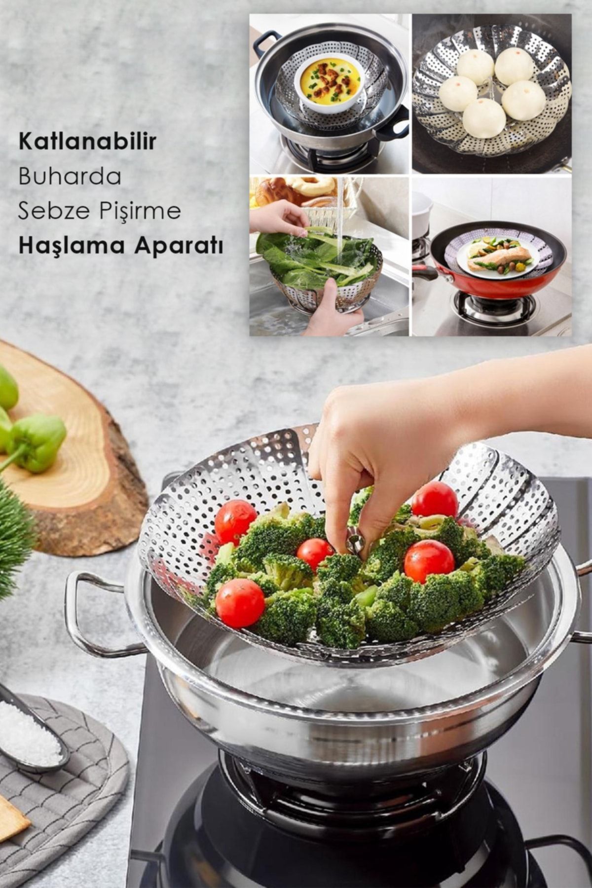 Pratik Metal Katlanabilir Buharda Sebze Pişirme Haşlama Aparatı Metal Sebze Sepeti