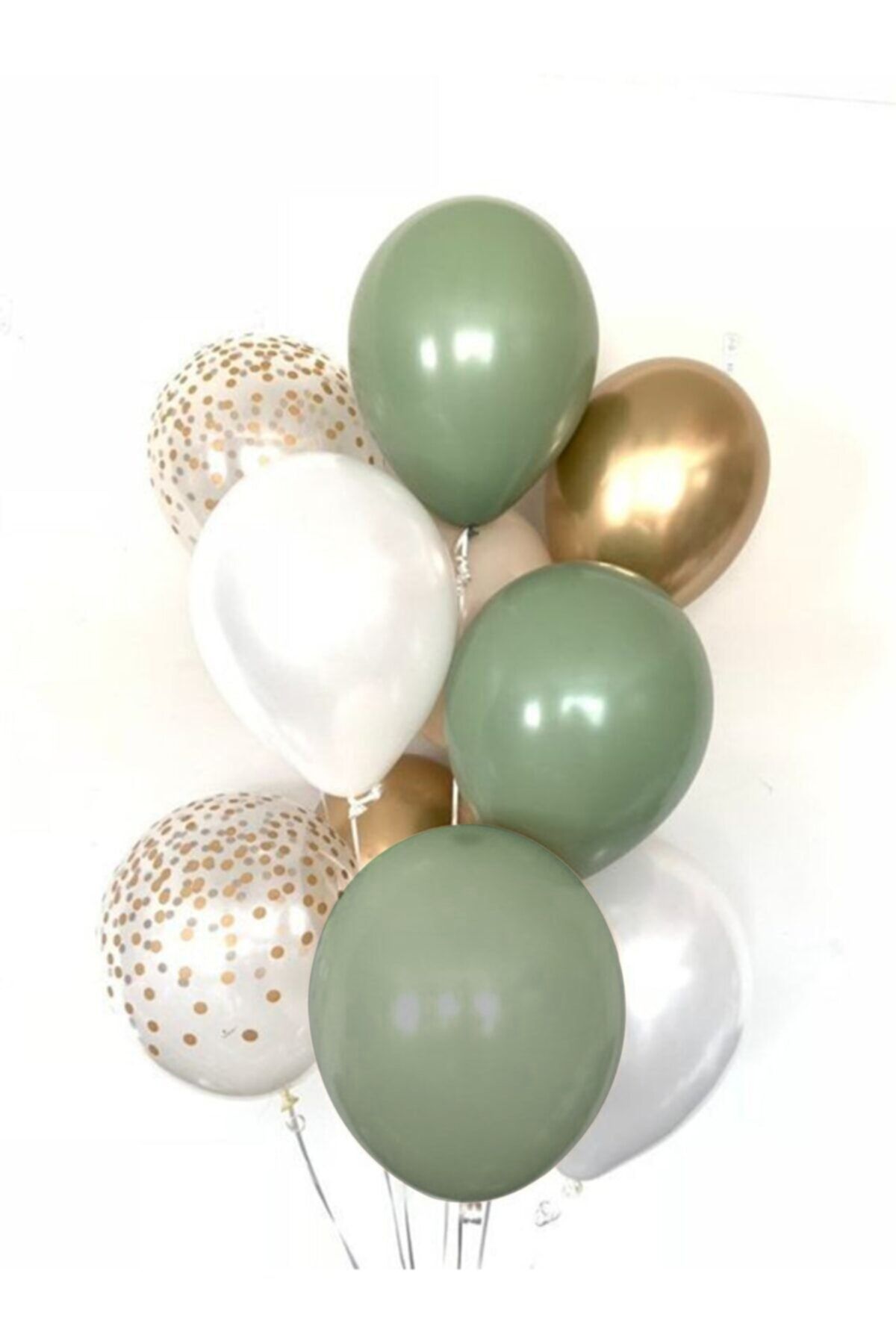 10 Adet Küf Yeşilli Balon Demeti Krom Altın 3 Küf Yeşili + 3 Beyaz + 2 Krom Altın + 2 Şeffaf Balon