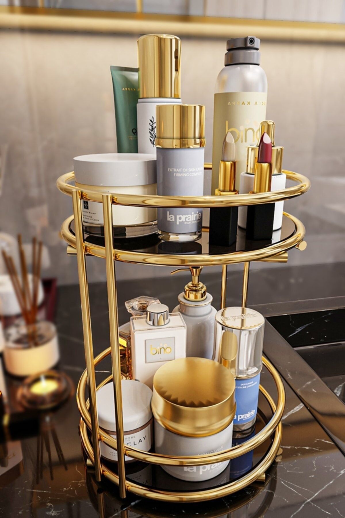 Banyo Kozmetik Takı Düzenleyici Çok Amaçlı Organizer 2 Katlı Servis Sunum Tepsisi Ikramlık Gold