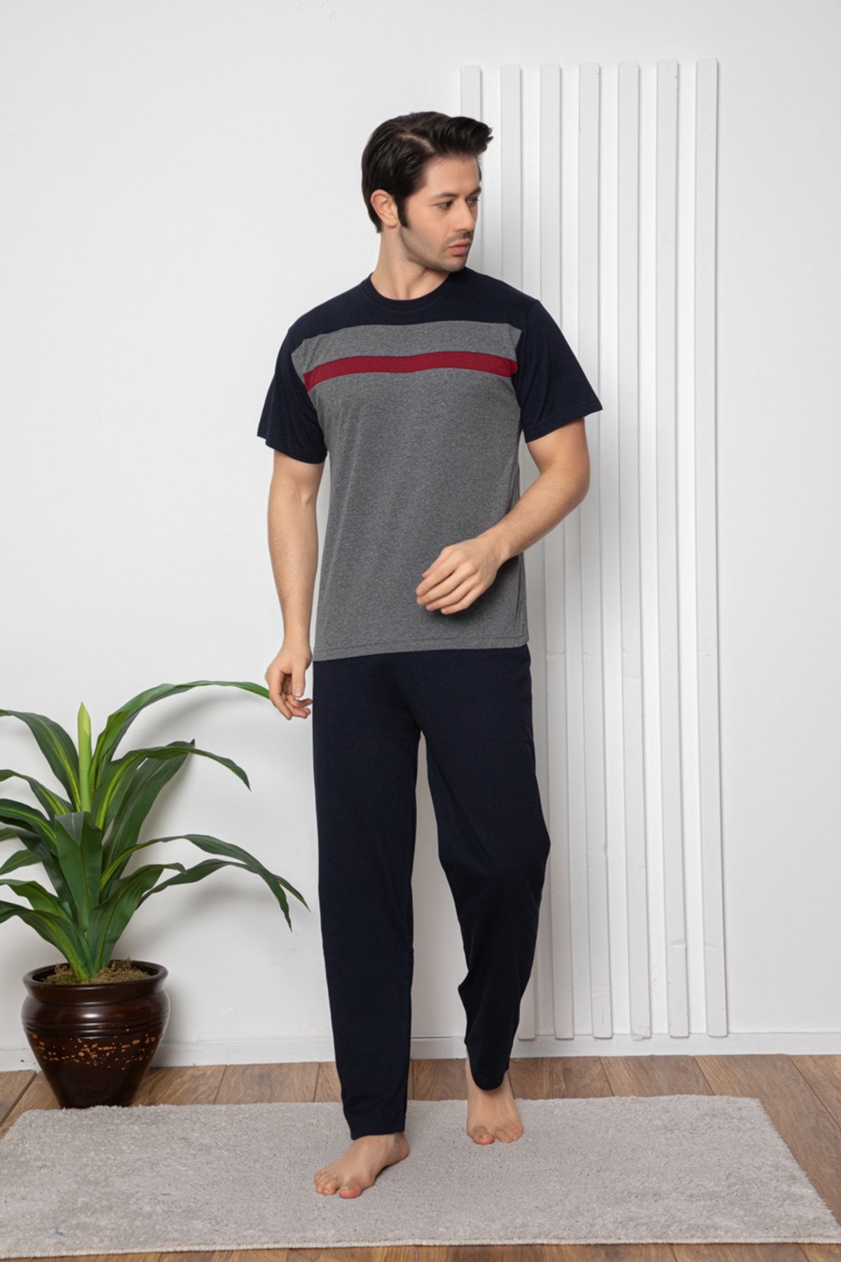 Erkek Füme Parçalı Kısa Kollu Altı Uzun Penye Örme Kumaş Yazlık Pijama Takımı