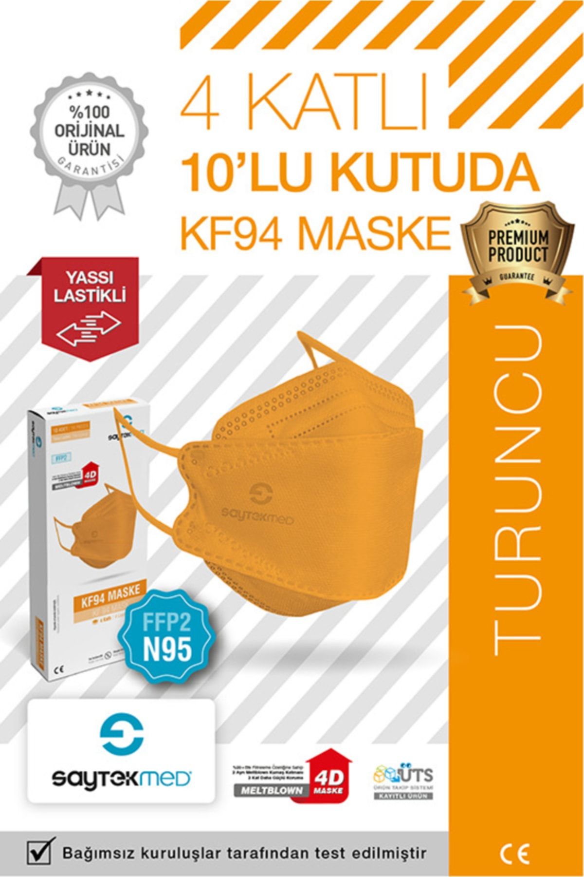N95/ffp2 Kore Tipi 4 Katlı Turuncu Maske Tekli Poşet, Uv Steril(10 ADET/1 KUTU).