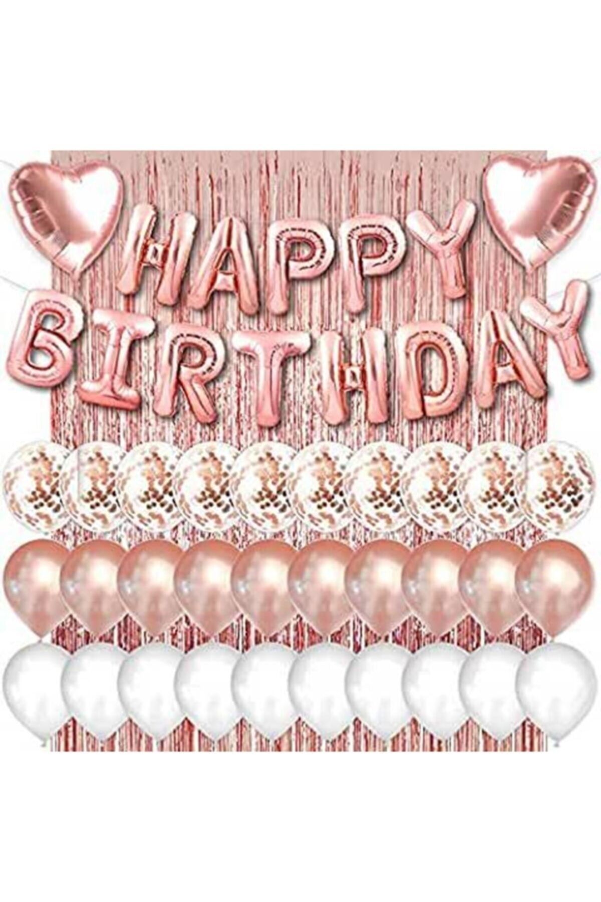 Rose Gold Pembe Happy Birthday Ve Kalp Folyo Ve 30 Rose Beyaz Şeffaf Balonlu Arka Fon Perde Set