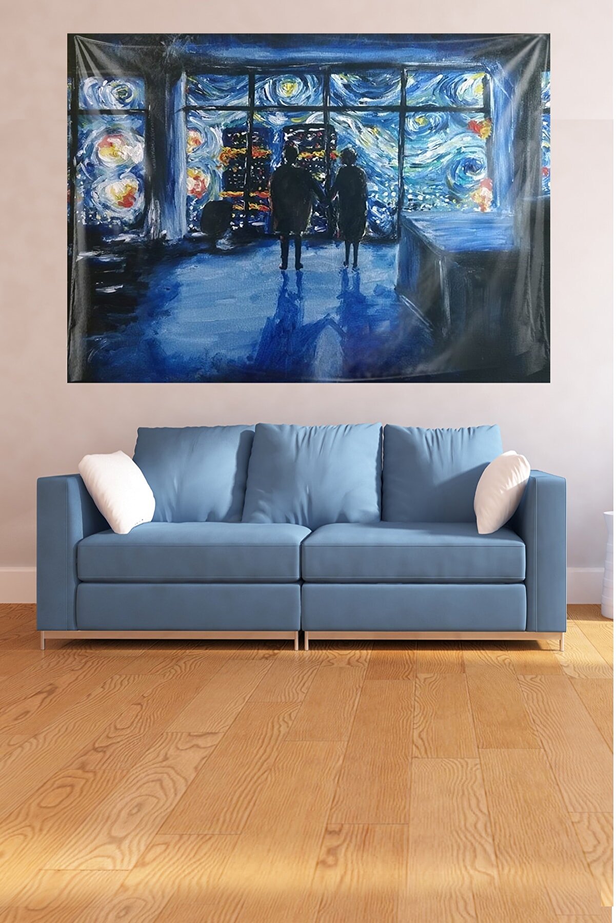 Van Gogh Yıldızlı Geceler Leke Tutmaz Kadife Dokulu Kumaş Duvar Örtüsü Duvar Halısı Tapestry