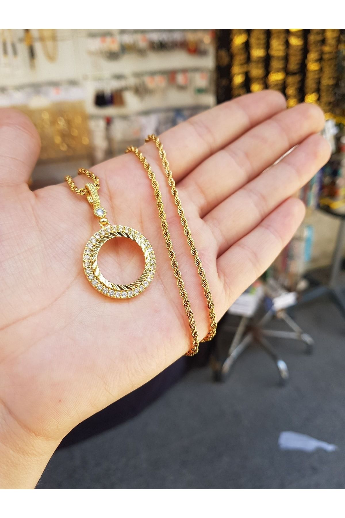 24 Ayar Altın Kaplama Çeyrek Altın Çerçevesi Kolye 60 Cm Zincir