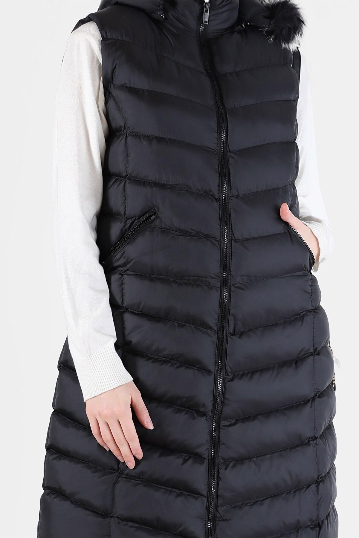 Büyük Beden Siyah Çift Fermuarlı Kapüşonlu Uzun Şişme Yelek