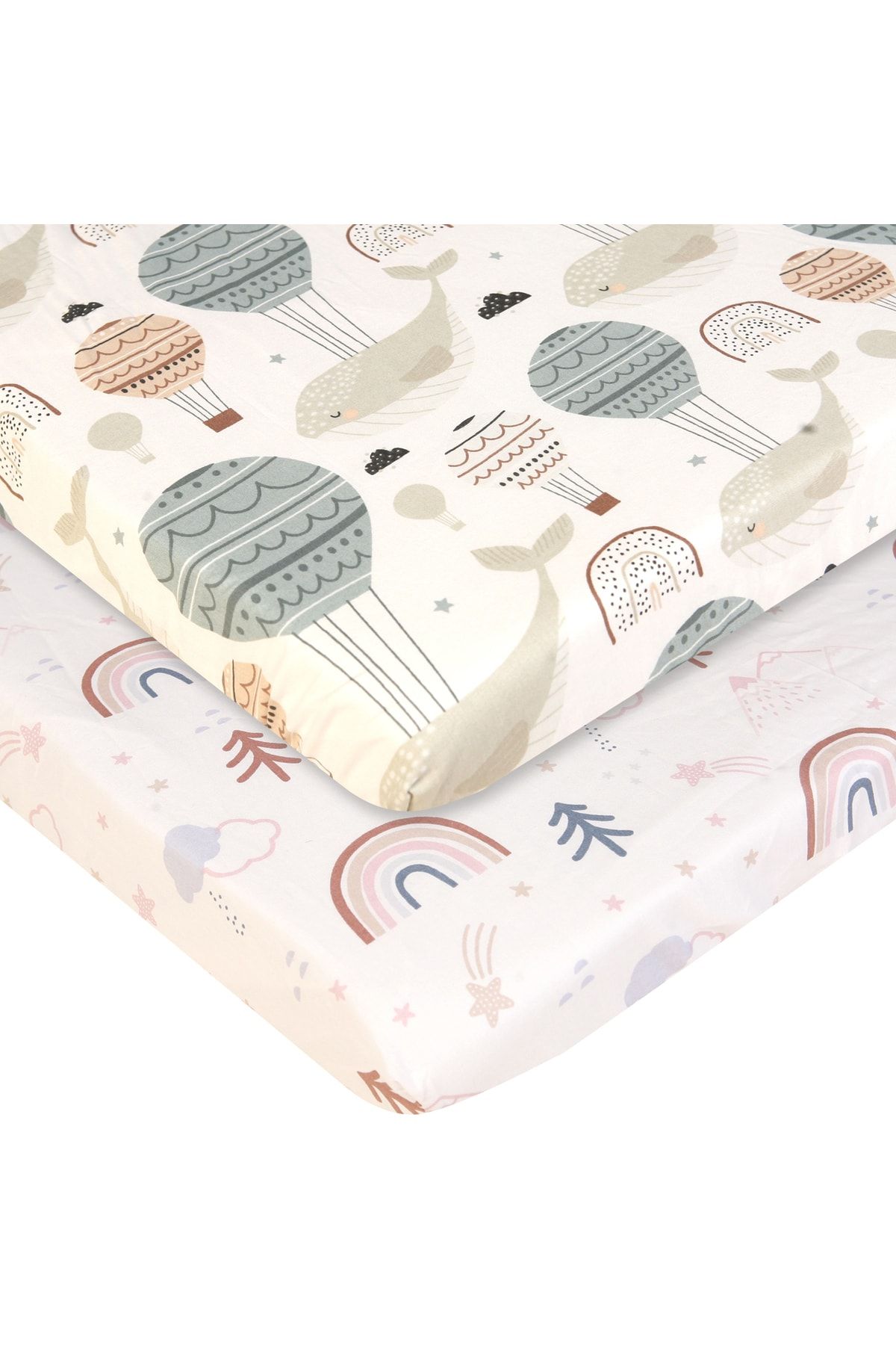 Anne Yanı Beşik Çarşafı Lastikli 2 Farklı Desen Balinalı Balon Ve Doğa 50x90 Cm. 2'li Set