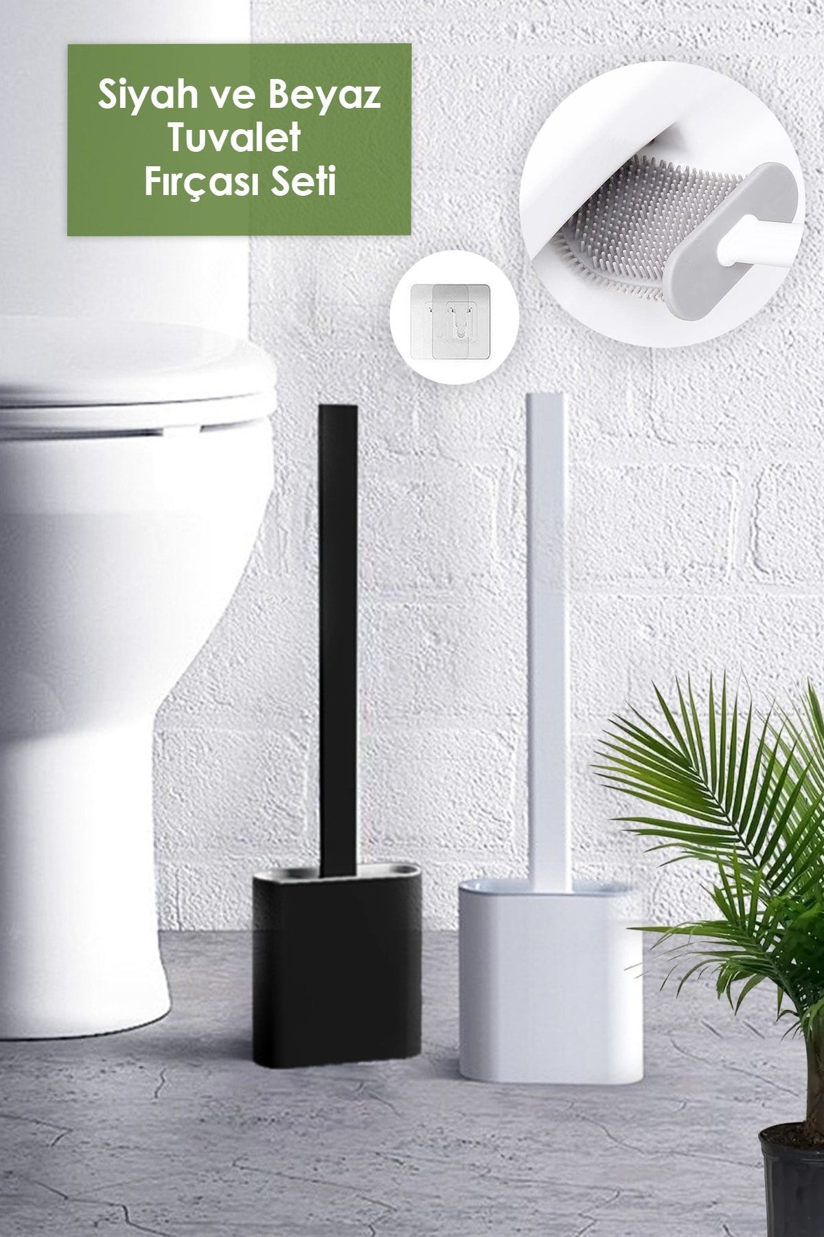 2li Set Beyaz Ve Siyah Renk Silikon Tuvalet Fırçası Set Bükülebilir Pratik Silikon Wc Klozet Fırçası