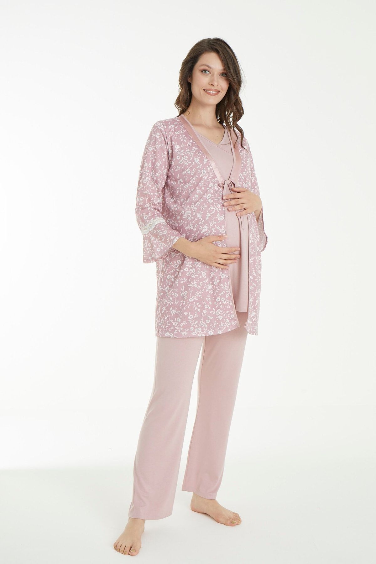 Pudra Çicek Desenli Lohusa Ve Hamile Pijama Takım