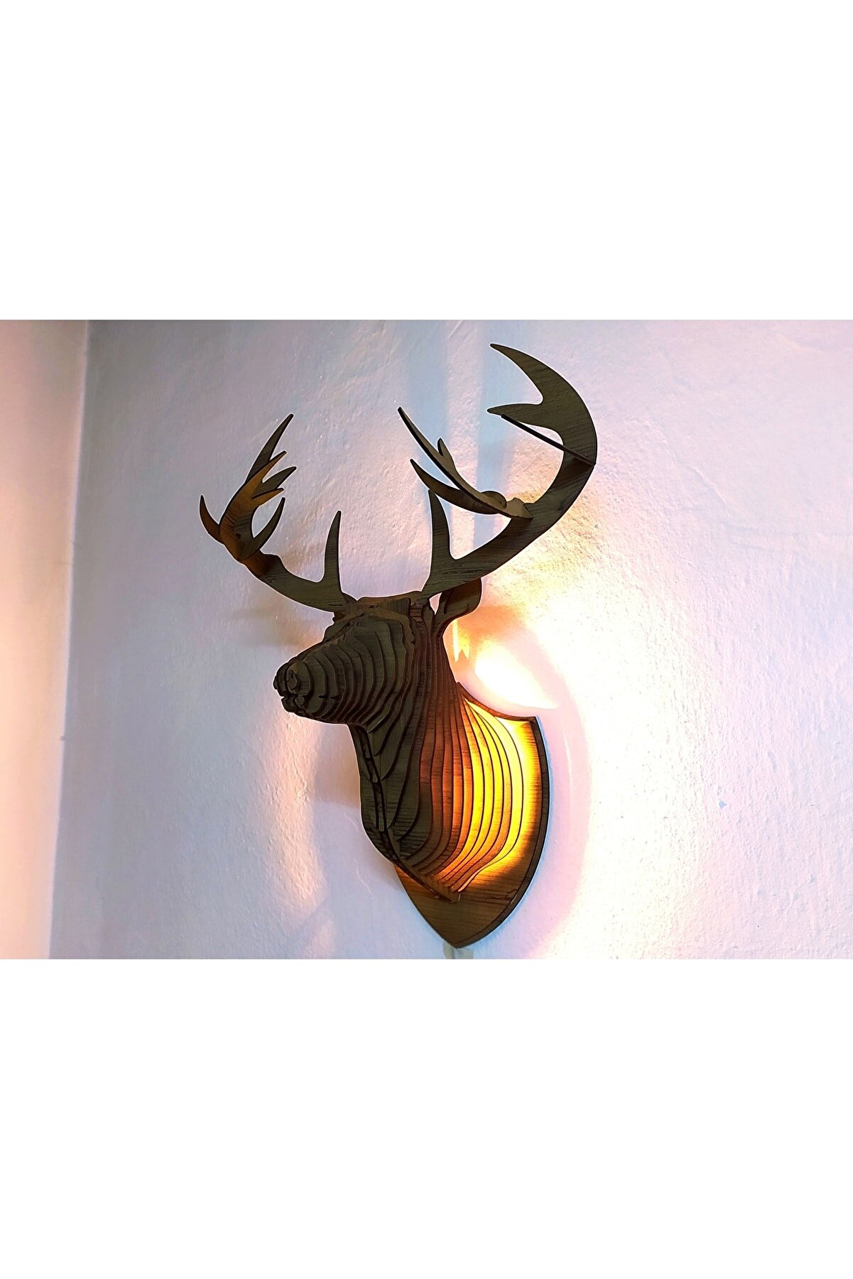 Geyik Kafası Tasarımlı Doğal Ahşap Mdf Lazer Kesim Rustik Salon Aplik Duvar Dekoru (ampul Dahil)