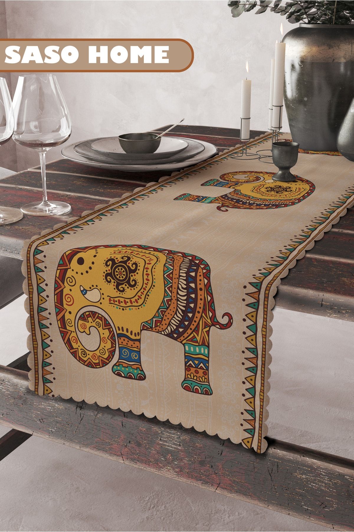 Etnik Hint Işlemeli Fil Desenli Kaliteli Kadife Kumaş 45x140 Cm Dekoratif - Hediyelik Runner