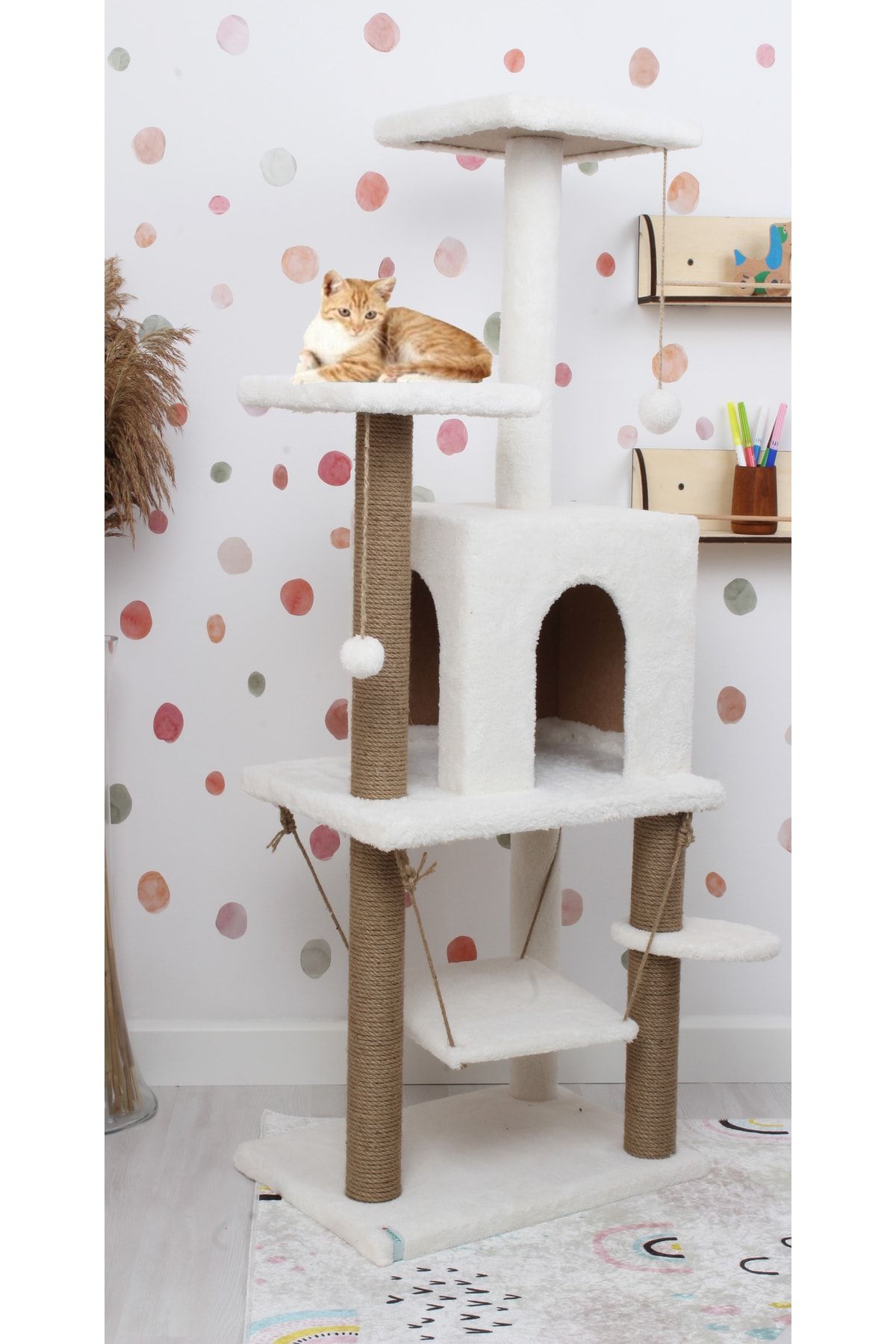 Salıncaklı Lüx Kedi Tırmalama Kedi Oyun Evi-beyaz