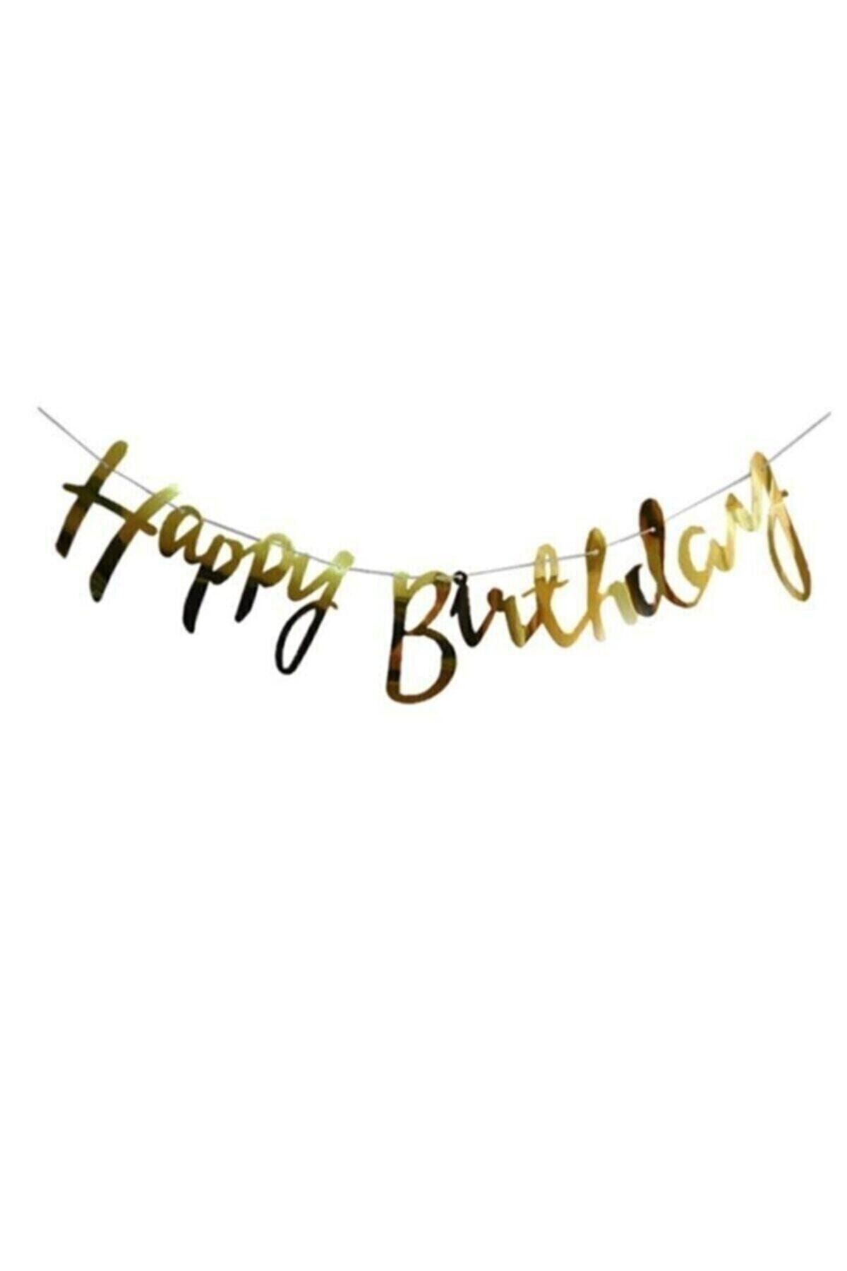 Gold Happy Birthday Kaligrafi Banner Metalize(Parlak Gold)