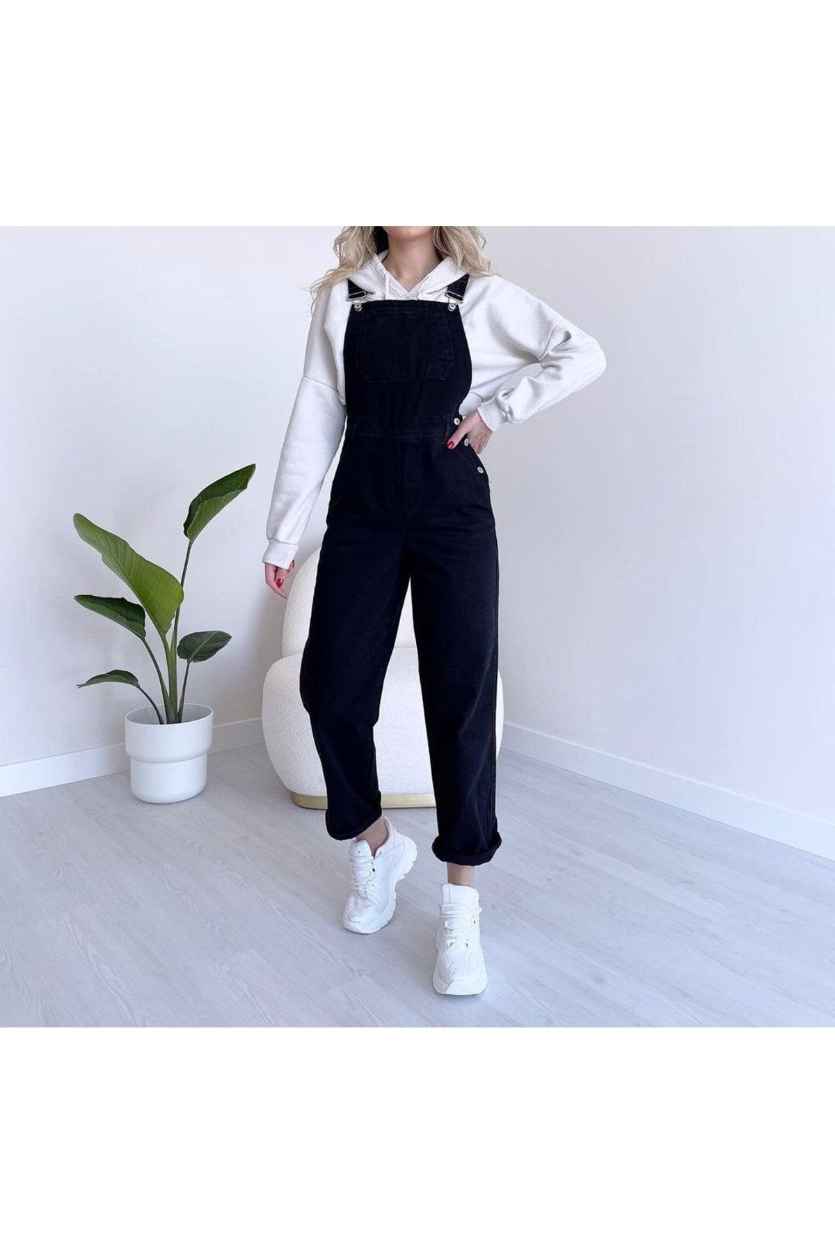 Kadın Kot Tulum Salopet Denim Uzun Tulum Koyu Füme