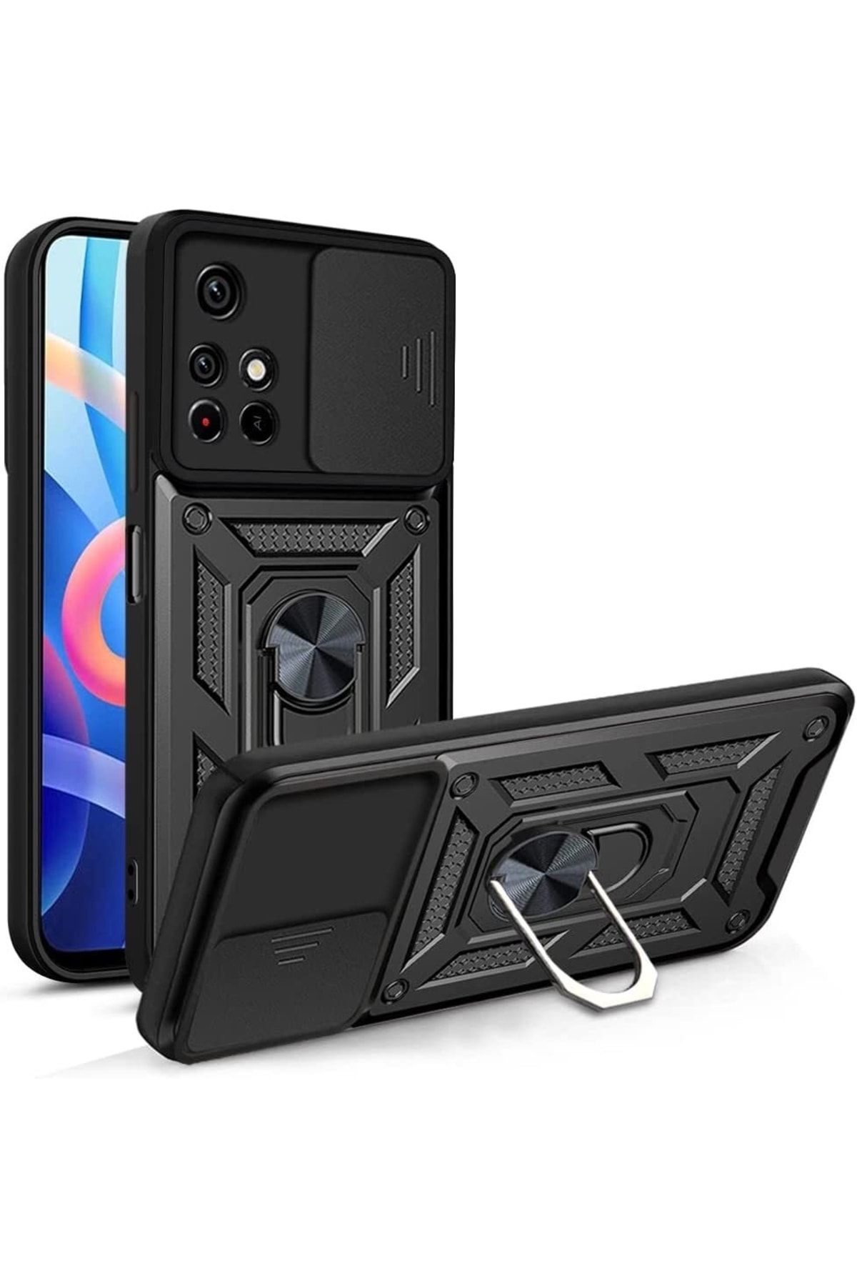 Xiaomi Poco X4 Pro 5g  uyumlu Kılıf Kamera Korumalı Sürgülü Yüzüklü Armor Military Tank