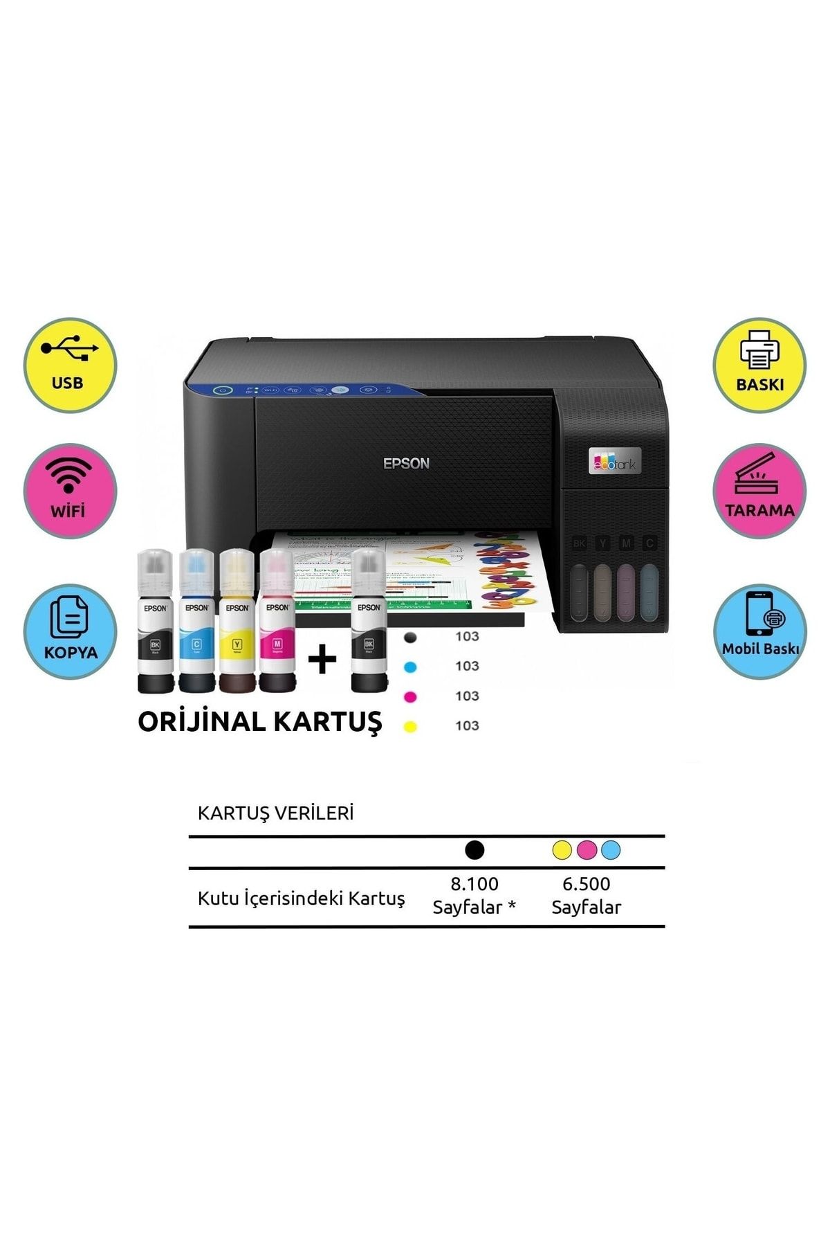 EpsonEcotankL3250 Renkli Tanklı Yazıcı Baskı-Tarama-Kopya(USB,WİFİ)+ORİJİNAL EPSON 4x65ml+1 Mürekkep
