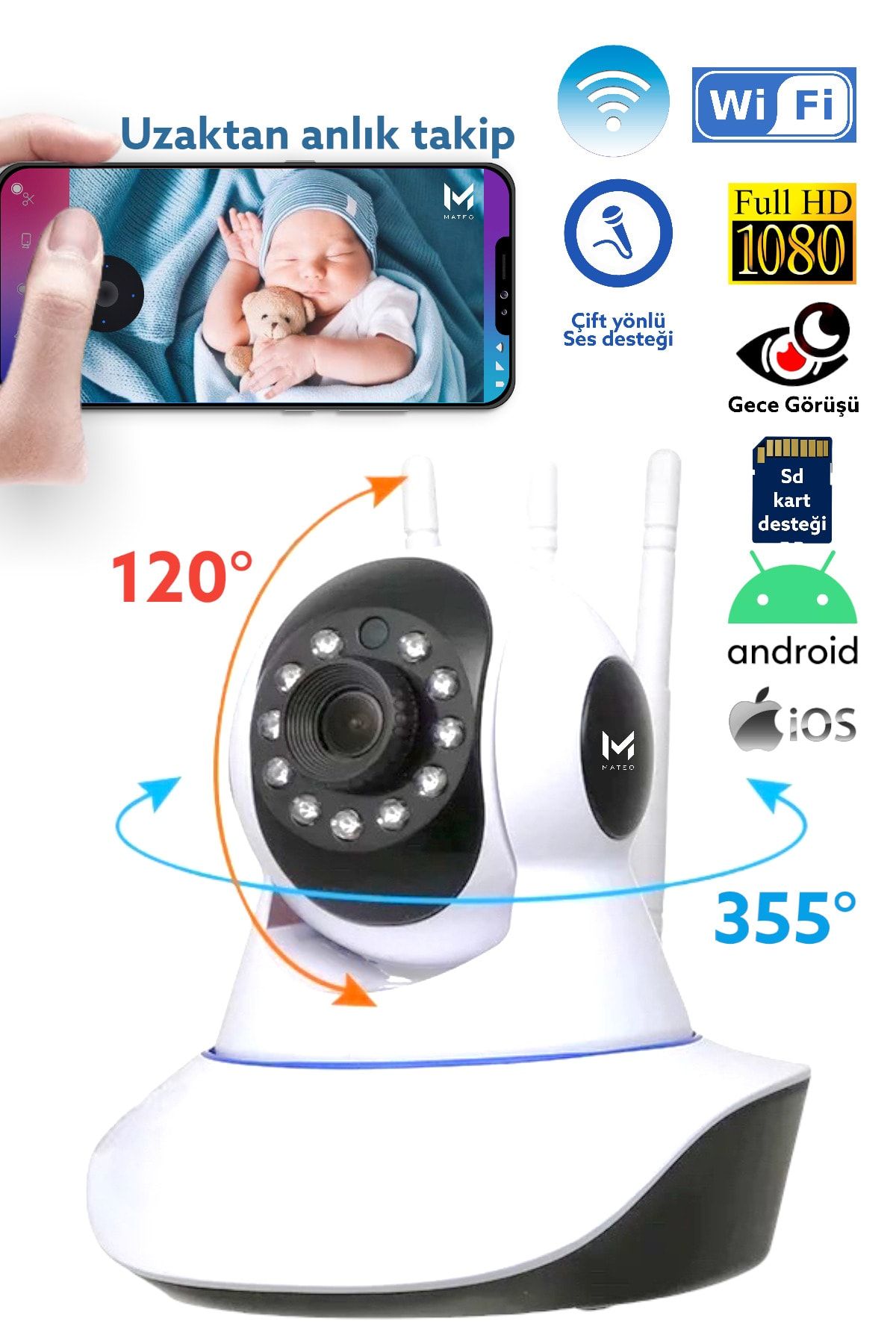 Kablosuz Wifi Bebek Izleme Kamerası 3 Antenli Gece Görüşlü 1080p Full Hd 3 Mp