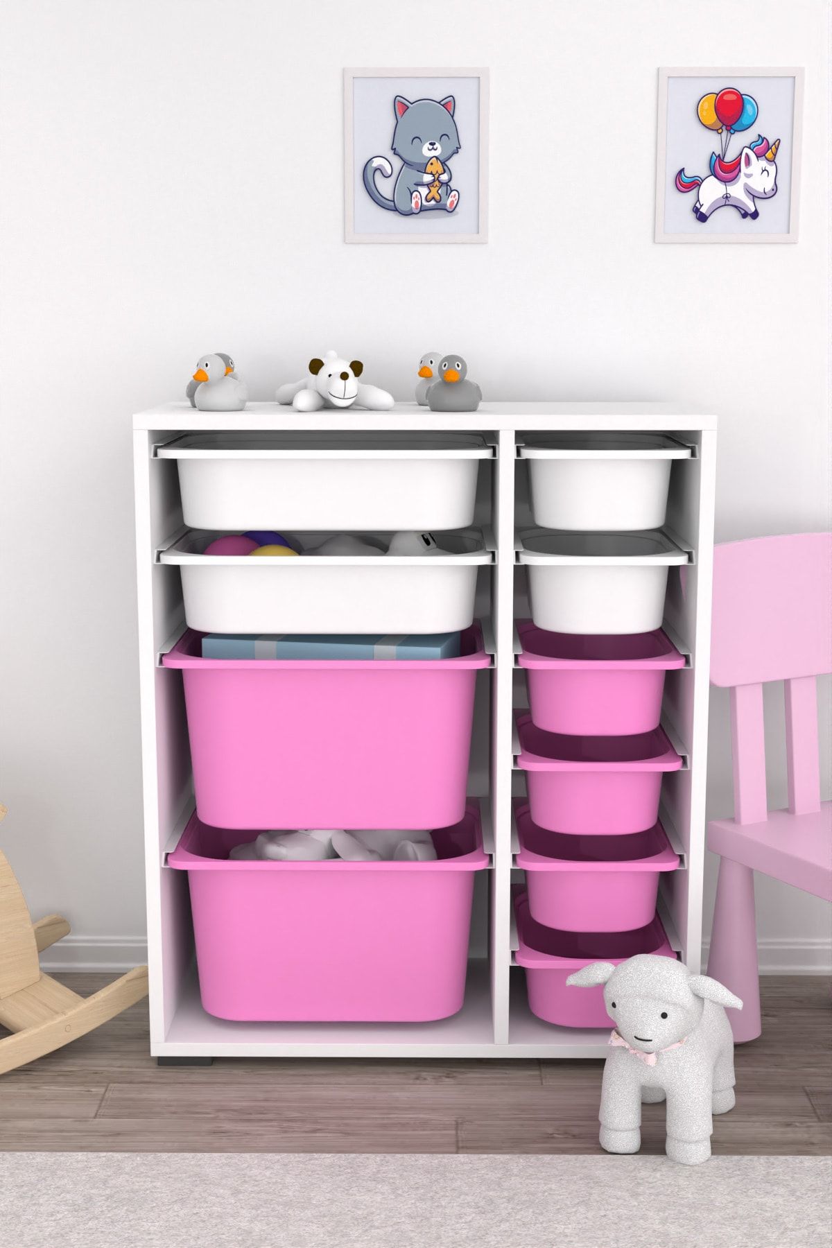 10 Sepetli Çok Amaçlı Oyuncak Dolabı Pembe Beyaz 2d2k6u