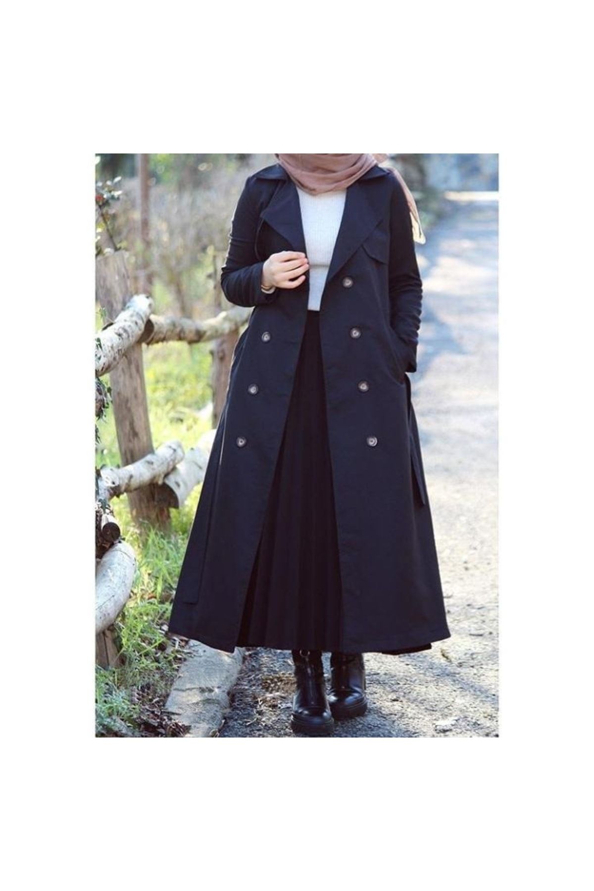 Gabardin Trençkot Tok Kumaş Tam Boy Kuşaklı Düğmeli Astarlı