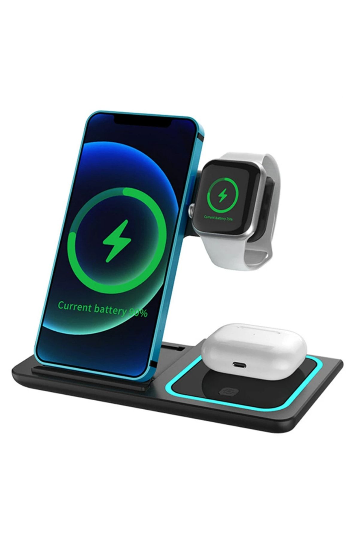 3 In 1 15w Hızlı Şarj Kablosuz Wireless Iphone Apple Watch Airpods Için Mavi Led Işıklı Şarj Standı