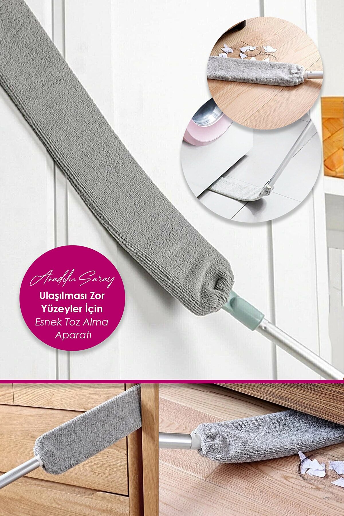 Pratik Mikrofiber Başlıklı Girintili Yüzey Dip Köşe Raf Temizleme Sihirli Toz Alma Fırçası