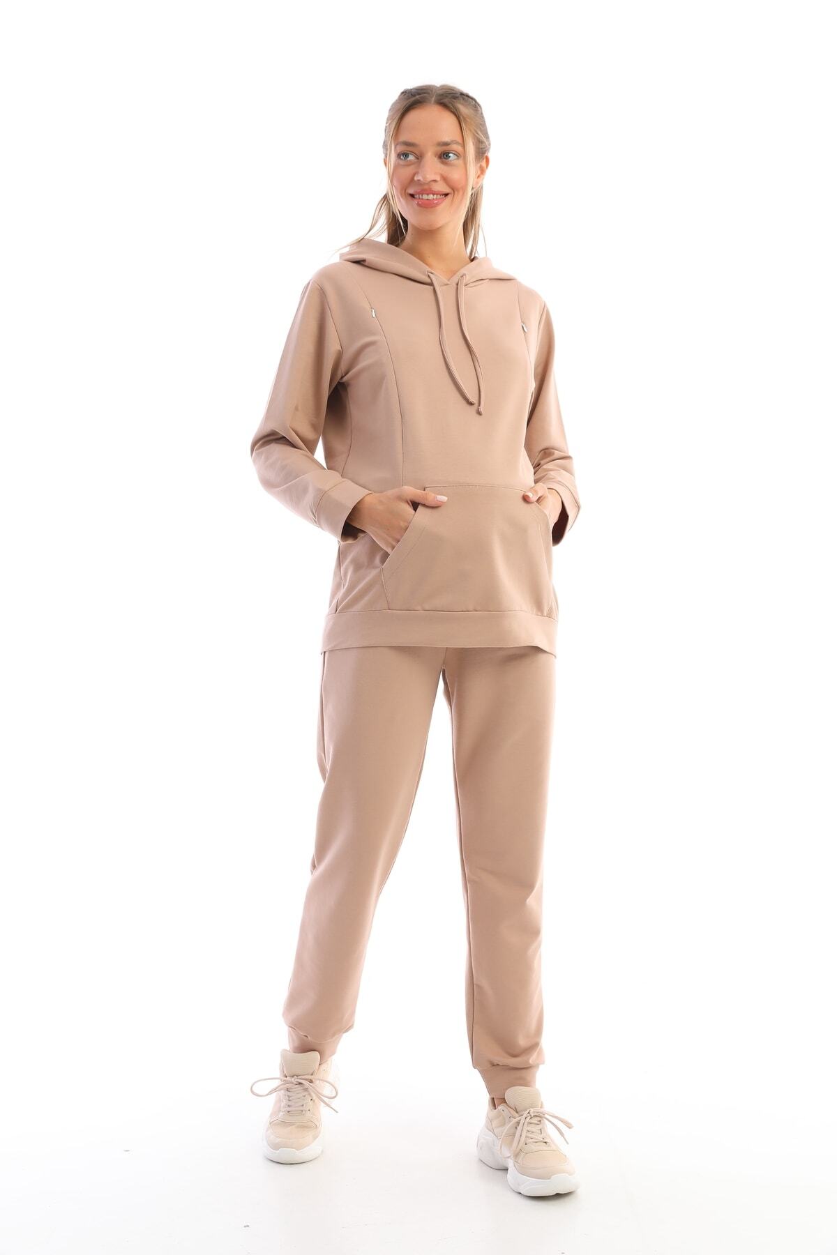 Süt Kahve Hamile Ve Lohusa Kapüşonlu Sweatshirt Eşofman Takım