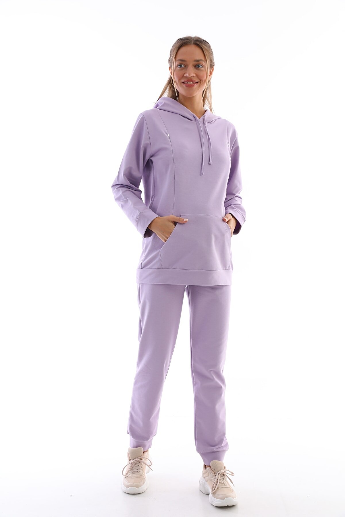 Lila Hamile Ve Lohusa Kapüşonlu Sweatshirt Eşofman Takım