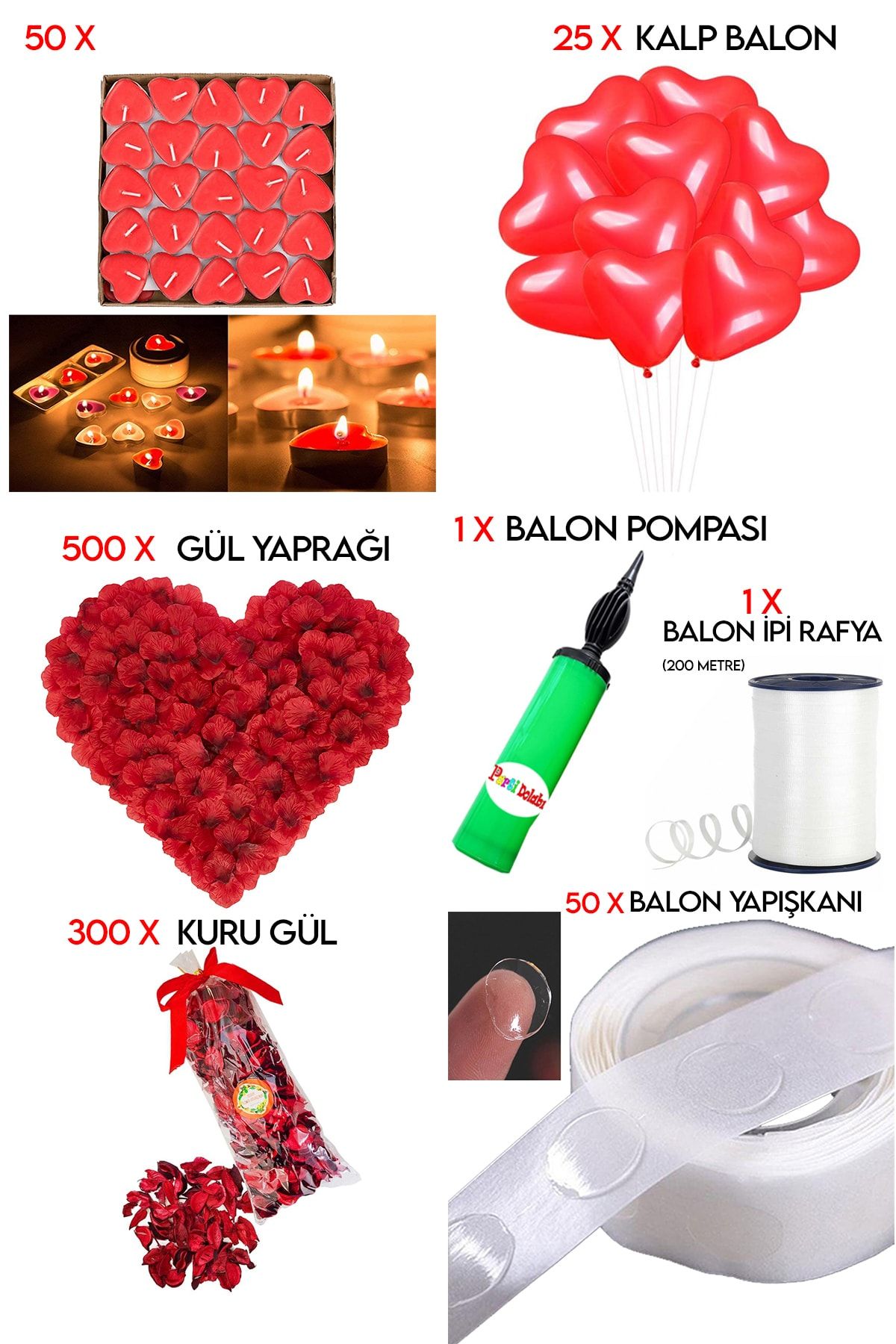 50 Kalp Mum, 25 Kalp Balon, 500 Gül Yaprağı, 300 Kuru Gül, 1 Balon Pompası Evlilik Teklifi Paket Set
