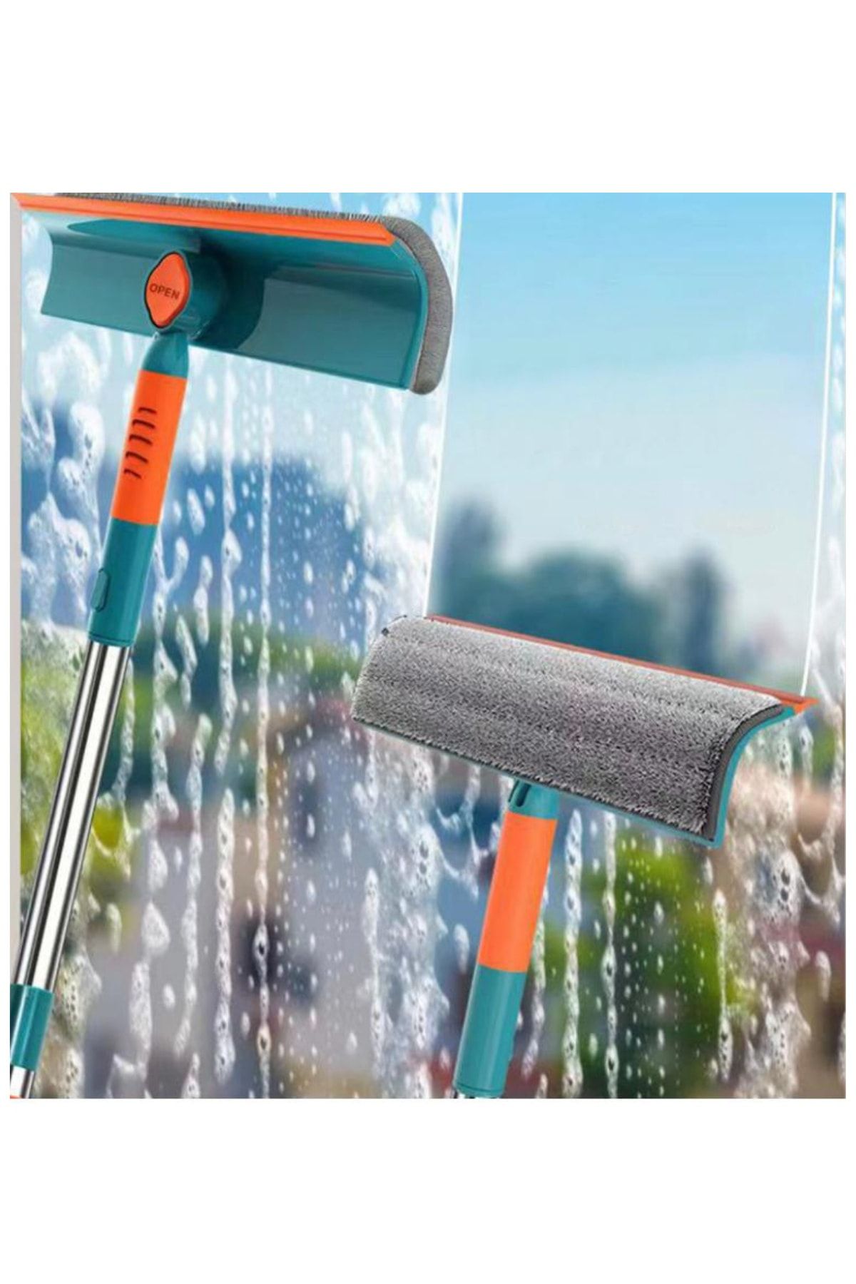 Oynar Başlıklı Bükülebilir Mikrofiber Bez Ve Çekçekli Teleskopik Cam Silme Aparatı Kolay Cam Silme