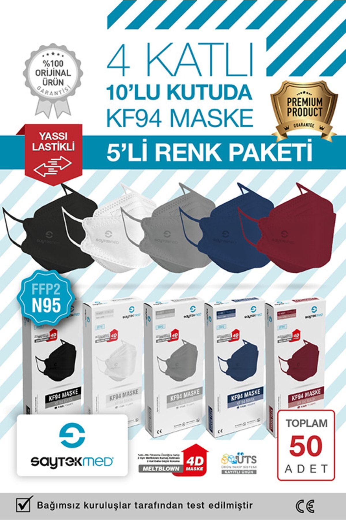 N95/FFP2 Kore Tipi, 4 katlı, 5 Farklı Renk, UV steril paketli (50 adet/5 Kutu)