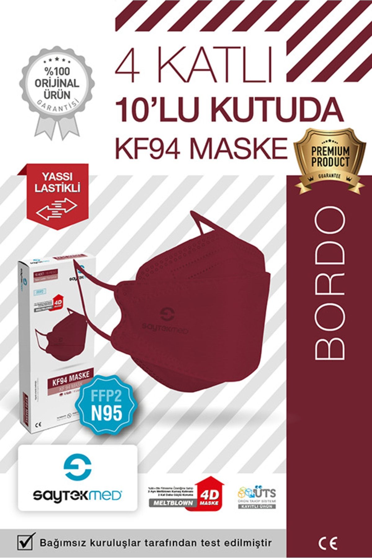N95/FFP2 Kore Tipi, 4 katlı, Bordo Maske, Tekli Paket, UV Steril (1 Kutu/ 10 Adet)