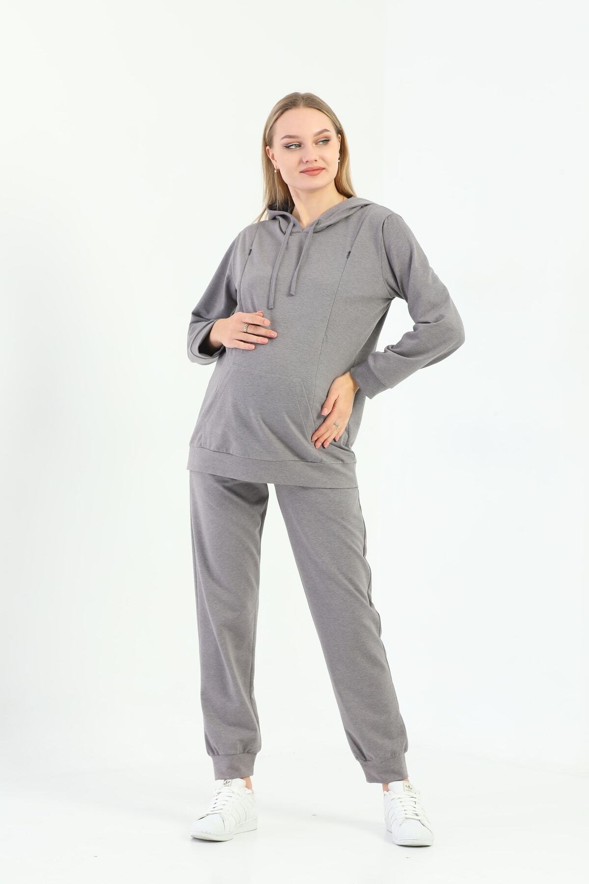 Gri Kapüşonlu Hamile Ve Lohusa Eşofman Takımı