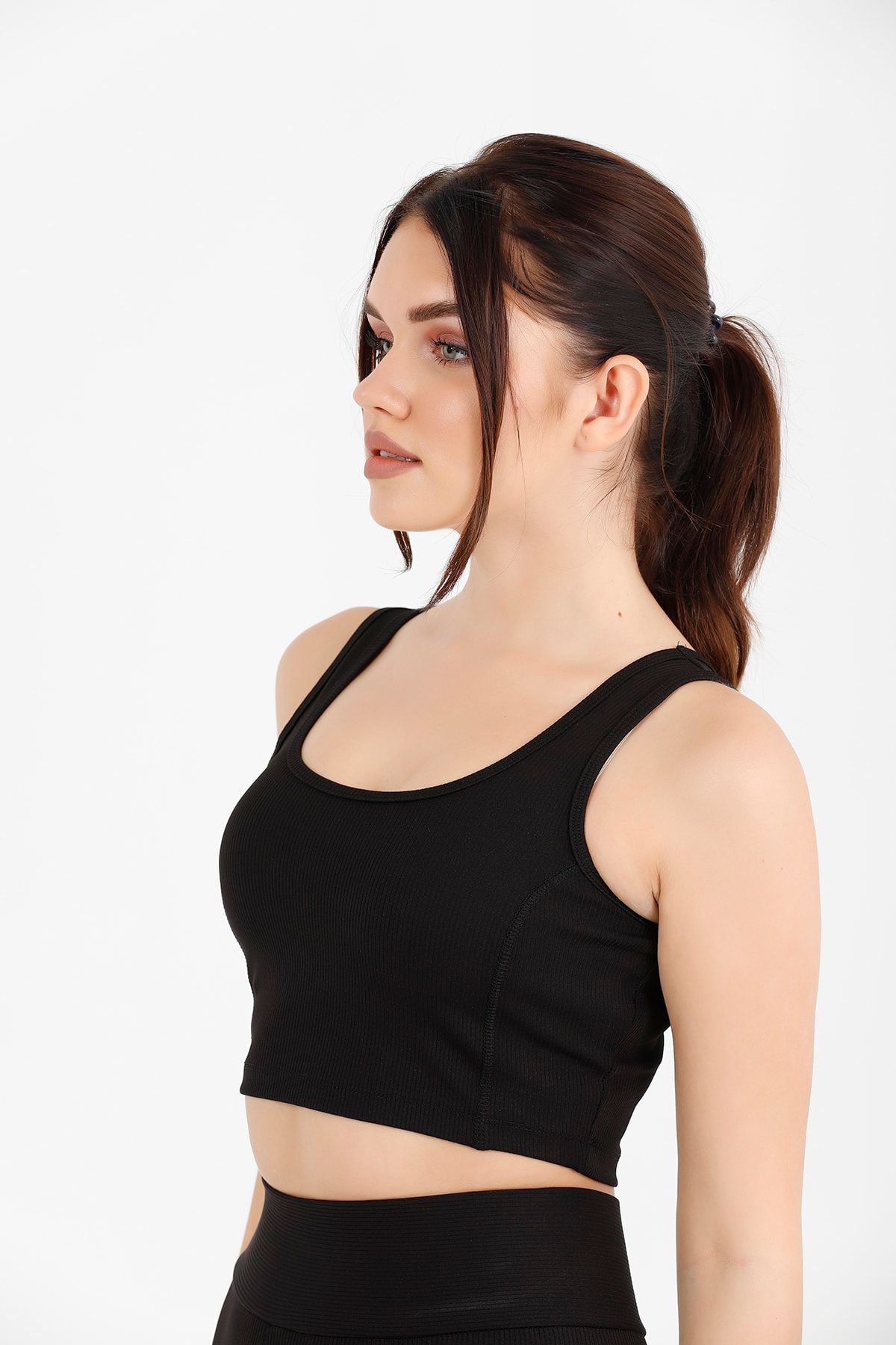Kadın Siyah Crop Top Fitilli Ve Full Lycralı Esnek Dalgıç Kumaş 5063