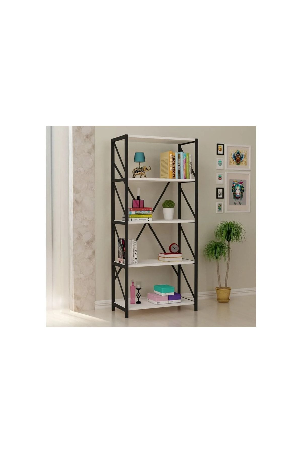 5 Raflı Metal Kitaplık Modern Kitaplık Ofis Rafı Çok Amaçlı Metal Raf - Beyaz