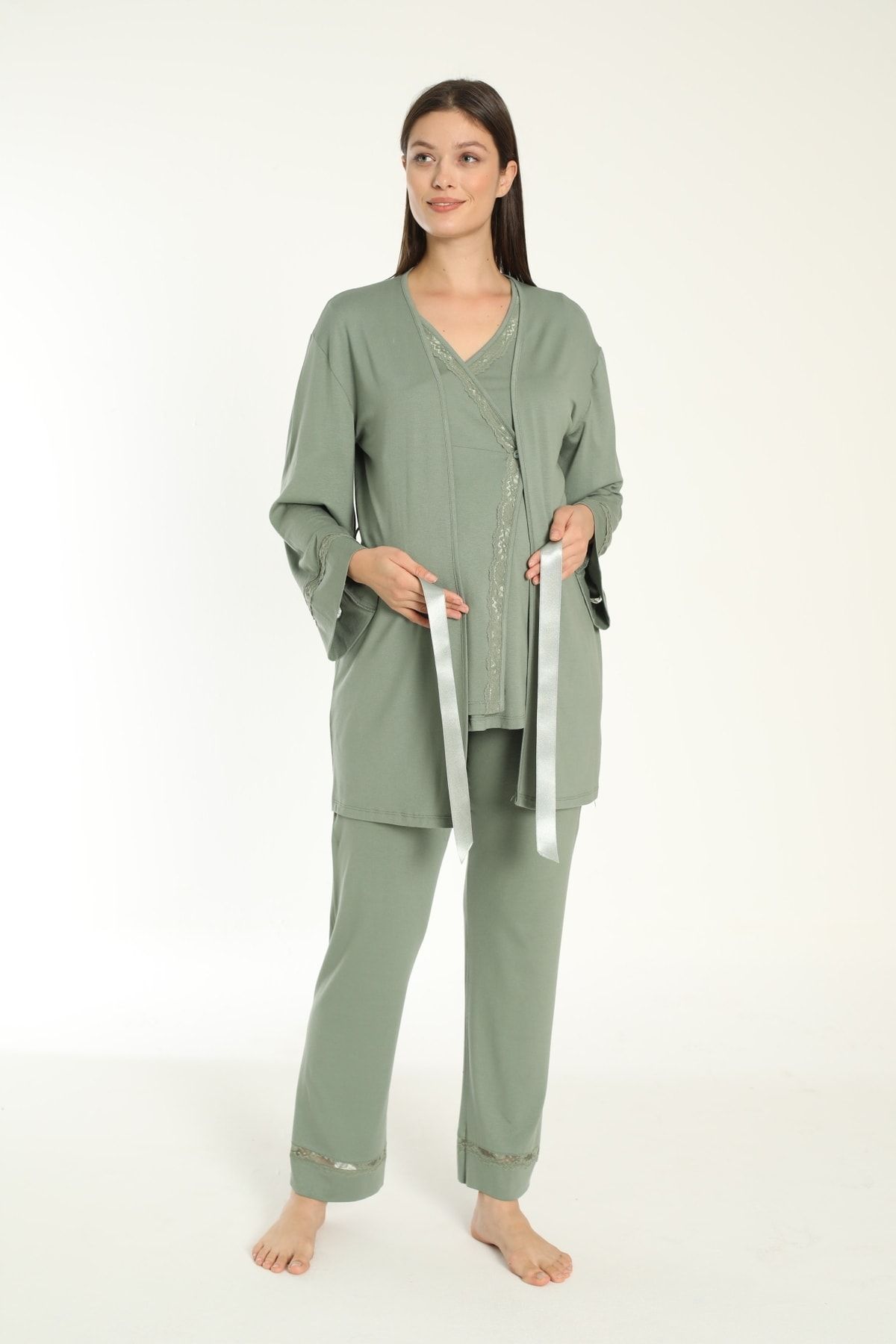 Yeşil Sabahlıklı Hamile Ve Lohusa Pijama Takımı