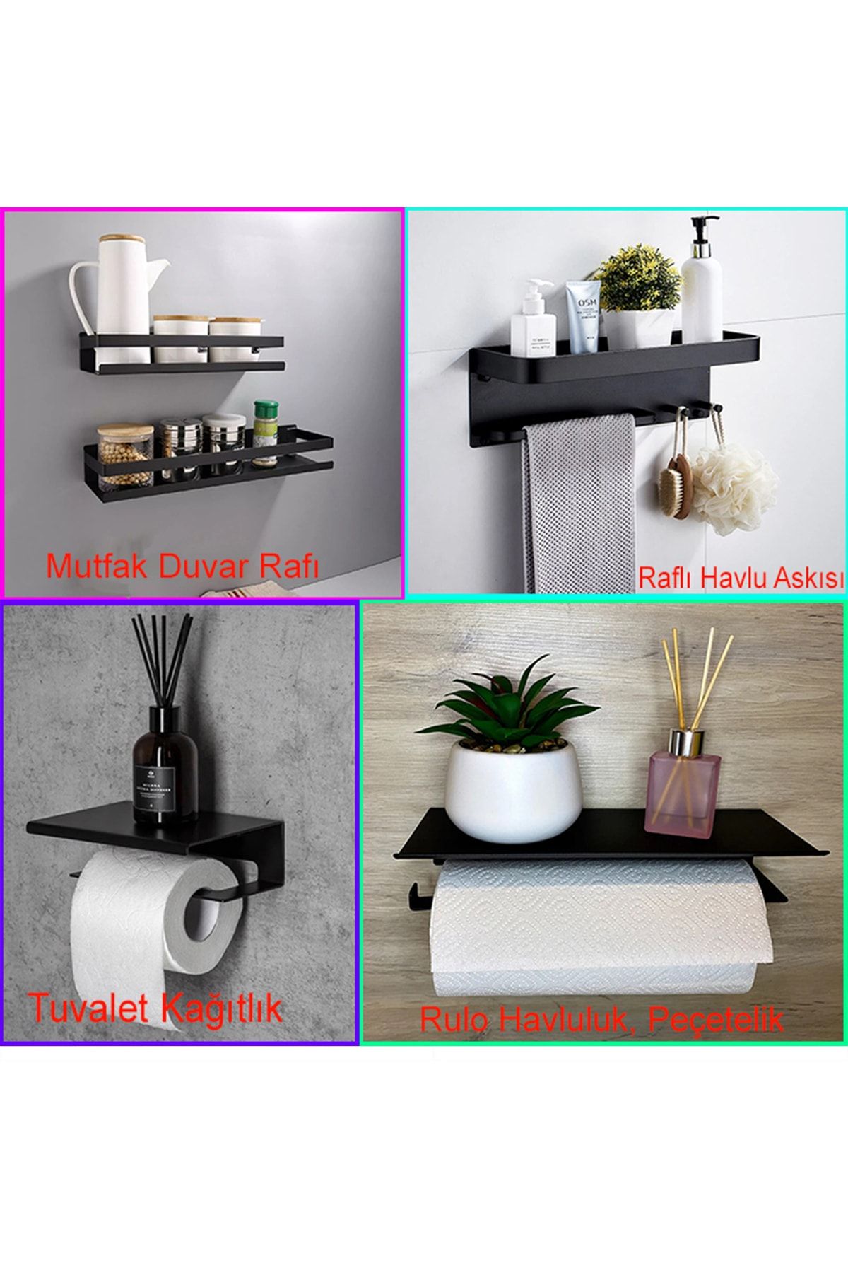 4 Lü Set Havlu Askılıgı Seti Raf Düzenleyici Şampuanlık Seti Kagıt Havlu Askılıgı